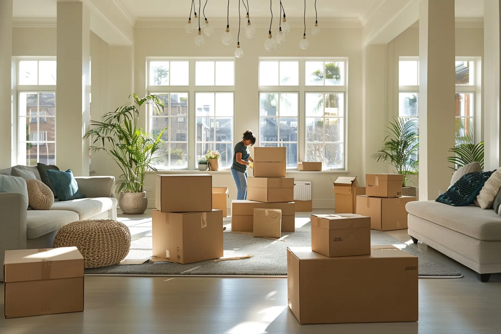 Un couple organise son déménagement autour de cartons étiquetés et d’une liste de tâches dans un intérieur lumineux.