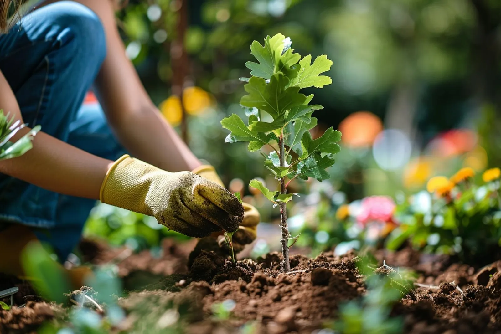Un jeune chêne est planté dans un jardin soigné, avec paillage au pied et lumière naturelle douce.