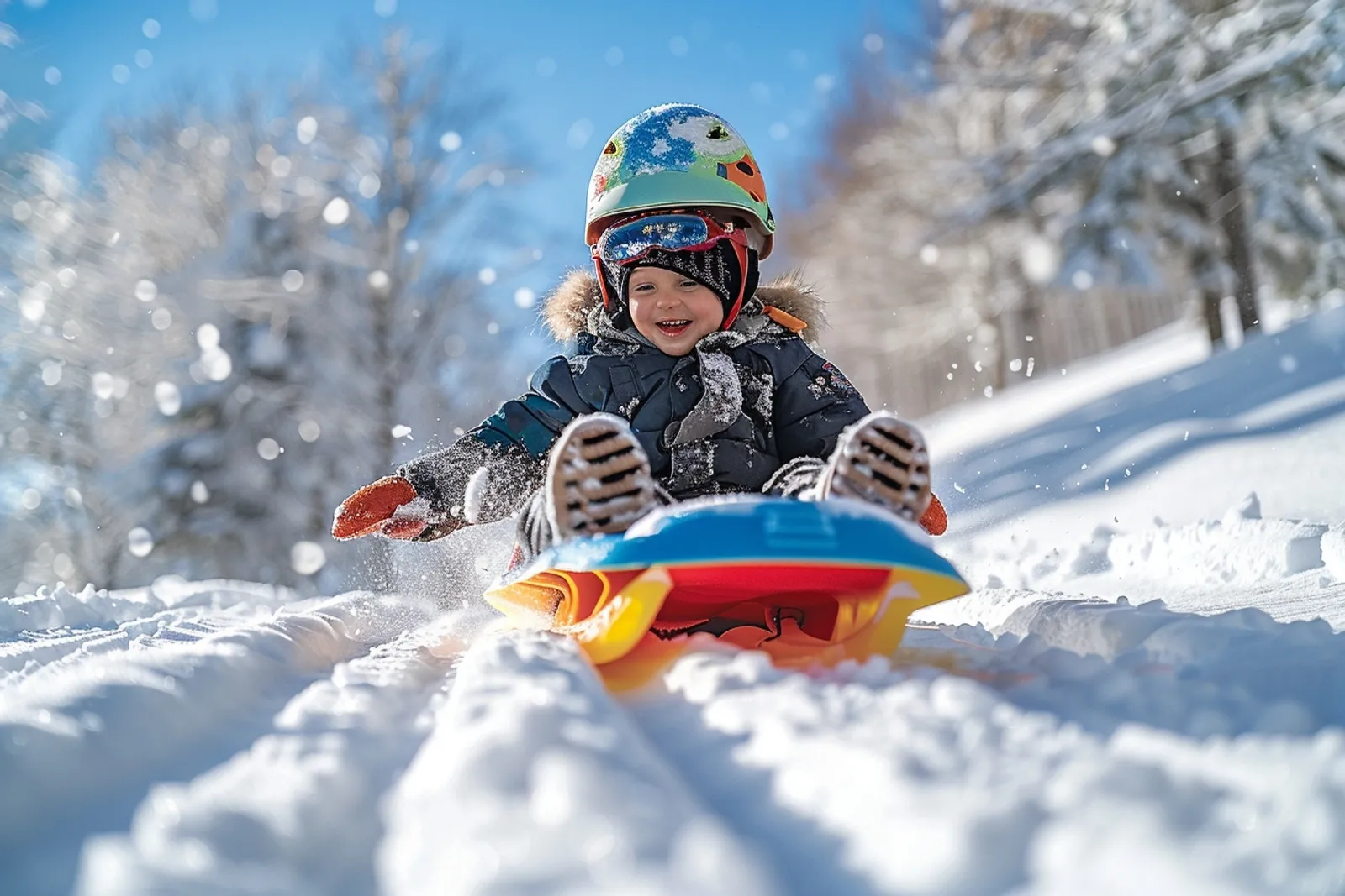 Une famille prépare une descente en luge sur une pente enneigée, avec un enfant casqué et un adulte qui vérifie le terrain.