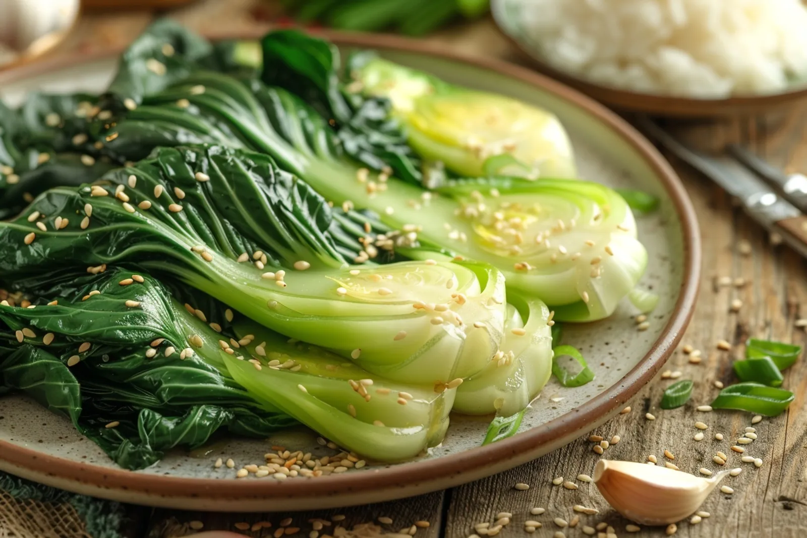 Un bol de pak choi braisé traditionnel, brillant de sauce, présenté dans une vaisselle sobre sur une table en bois.