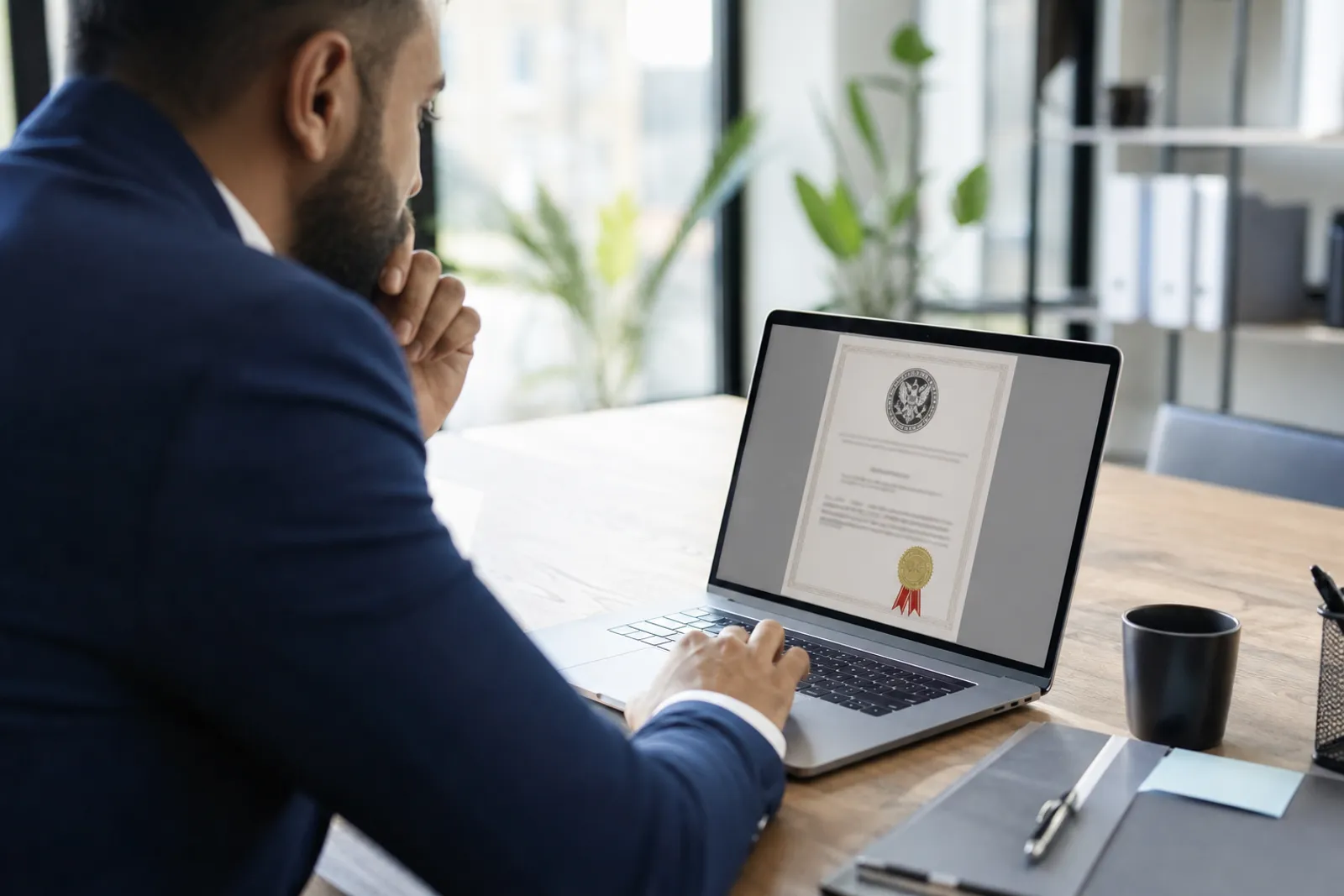 Un entrepreneur consulte un document officiel de dépôt de marque sur un ordinateur portable dans un bureau lumineux.