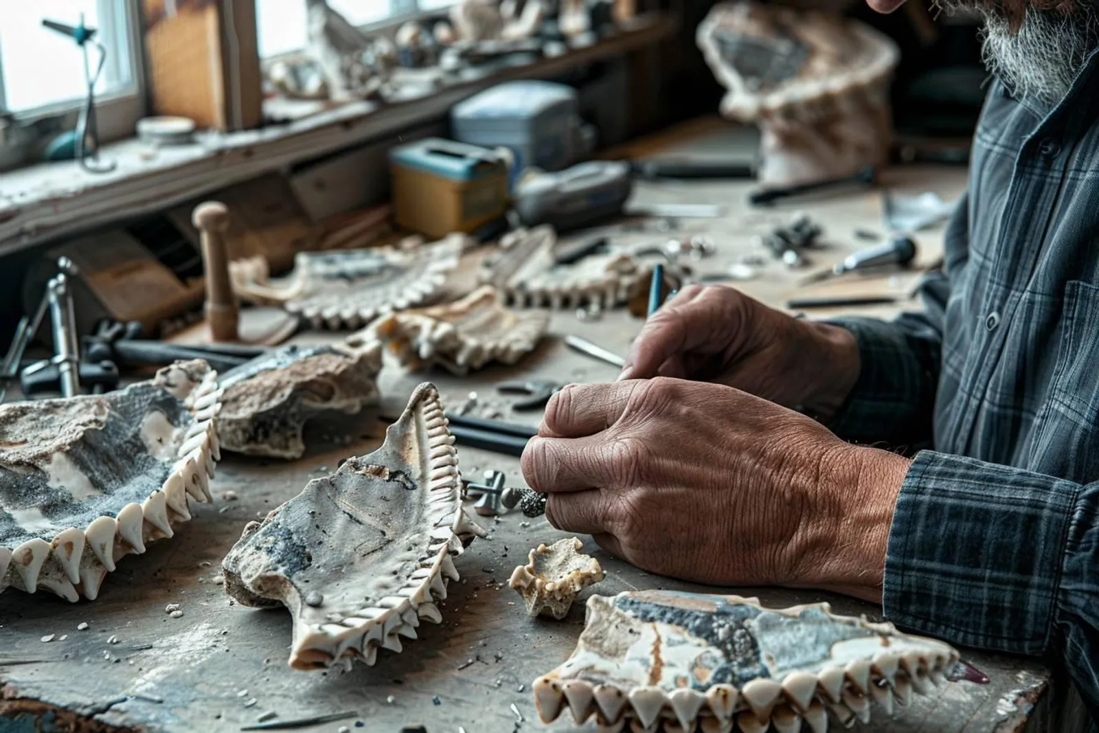Un atelier de bijouterie avec une dent de requin fossilisée, des pinces et des chaînes prêtes à être assemblées.