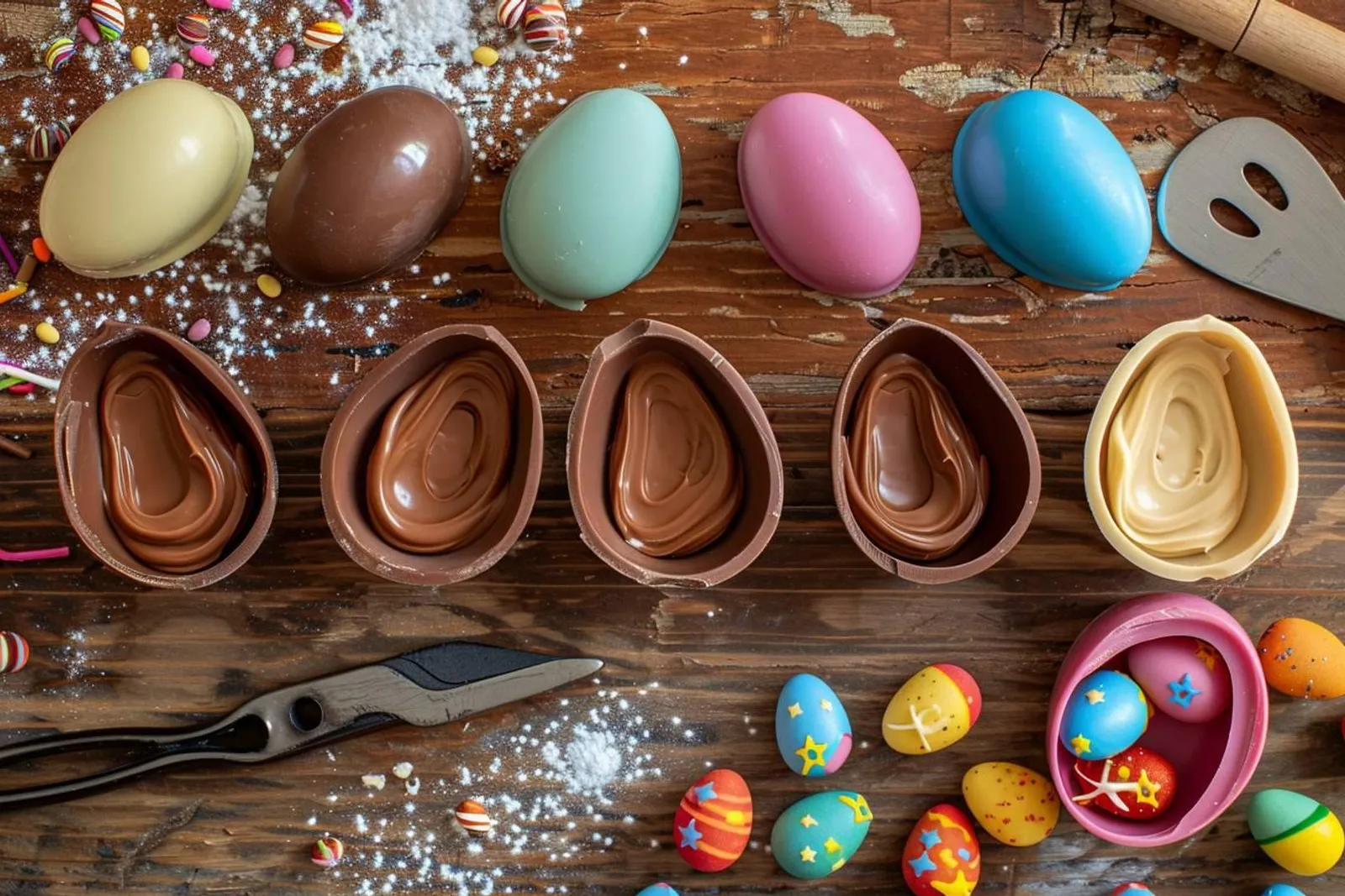 Des chocolats fourrés maison de Pâques brillants, posés dans une boîte cadeau sur un plan de travail de cuisine.