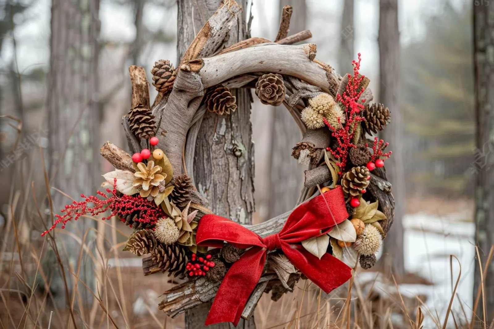 Une couronne de Noël en bois flotté décorée de pommes de pin et d’eucalyptus sur une table en bois.