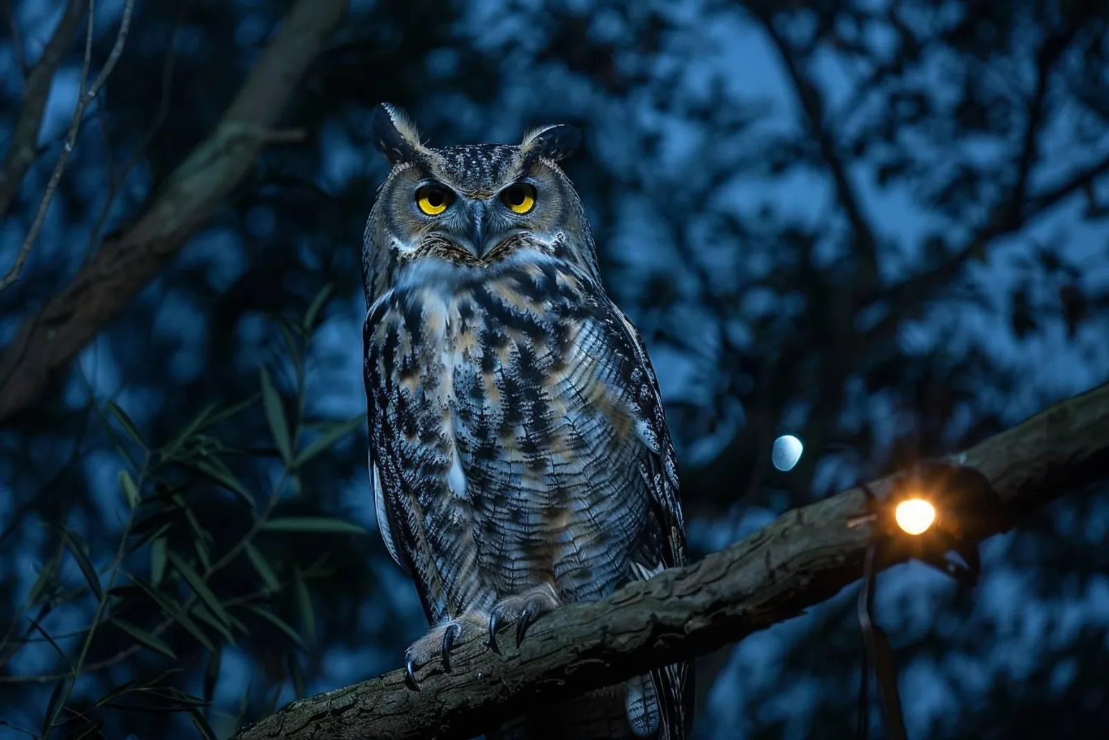 Un cinéaste filme discrètement la faune nocturne depuis un affût en forêt, avec une caméra sur trépied et une lumière rouge tamisée.