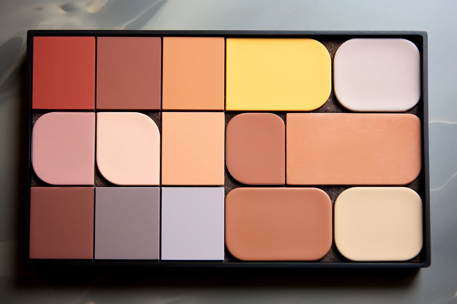 Une personne applique un maquillage naturel et lumineux devant une fenêtre, avec une lumière douce et des produits de beauté sobres autour d’elle.