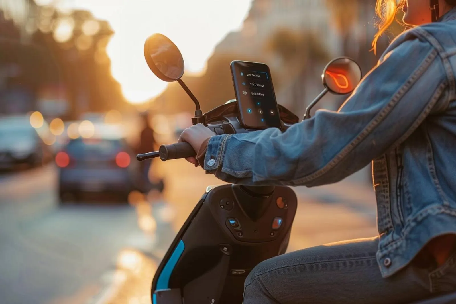 Une personne vérifie la connexion Bluetooth de sa trottinette électrique avec son smartphone en extérieur.