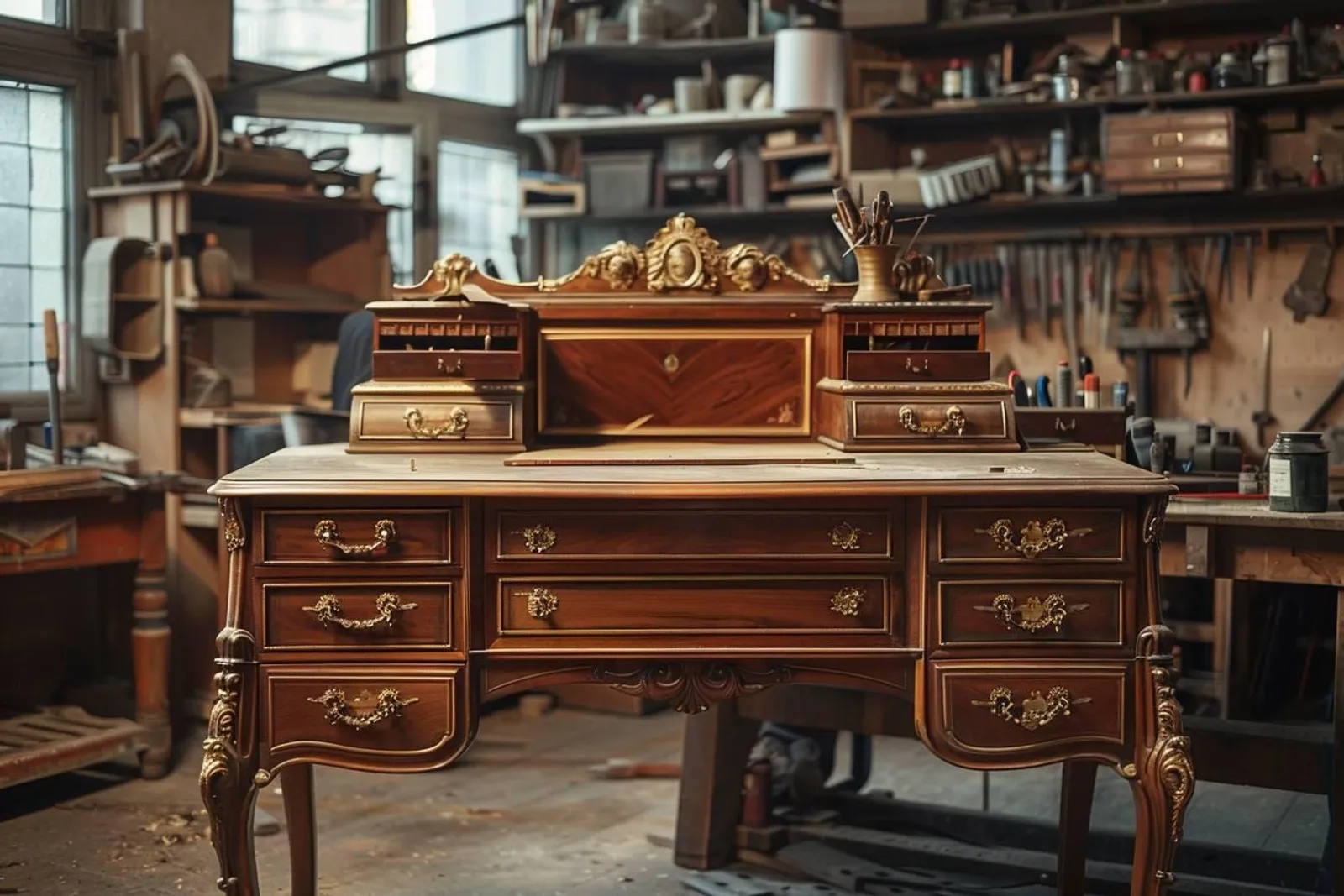 Un restaurateur examine avec soin un secrétaire Napoléon III ancien dans un atelier lumineux.