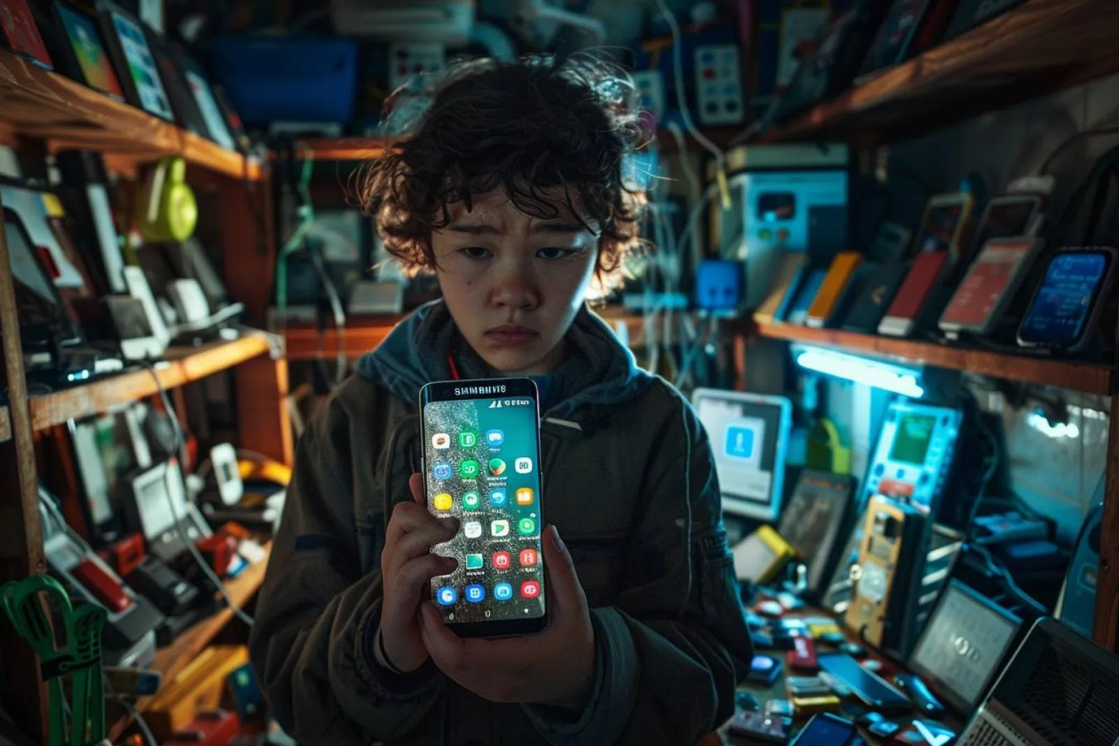 Une personne consulte un téléphone Samsung et un ordinateur portable pour retrouver des applications perdues après une panne.
