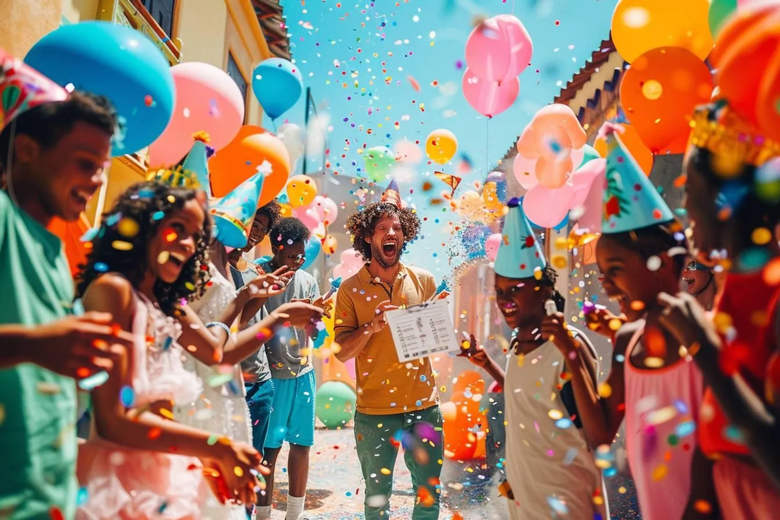 Une équipe prépare le tir d’un canon à confettis dans une salle de fête, avec les invités attentifs et la zone dégagée.