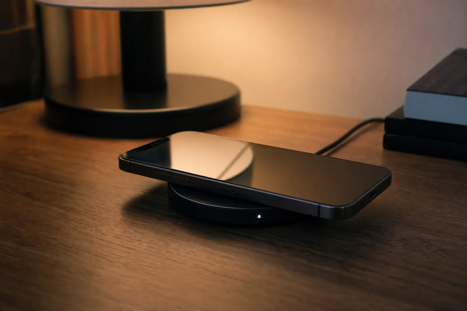 Smartphone posé sur un chargeur à induction sur un bureau, avec une lumière d'ambiance douce.