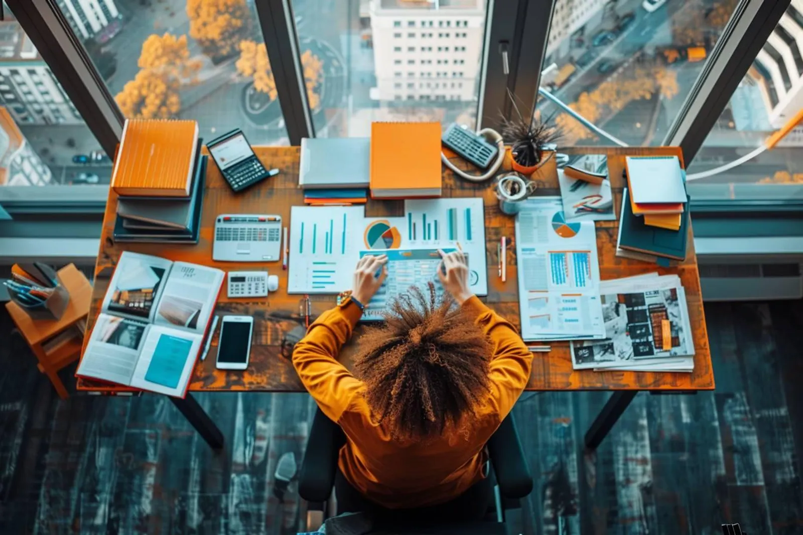Une personne travaille sur son ordinateur avec des tableaux de bord marketing et des notes dans un bureau lumineux.