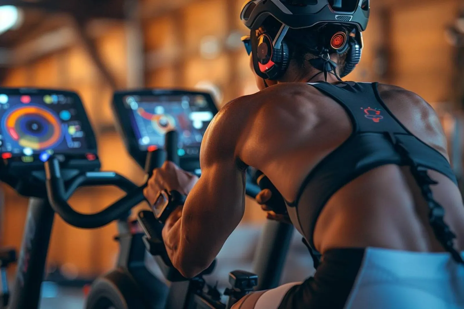 Un cycliste s’entraîne sur home-trainer connecté, avec des données de performance visibles sur une tablette à côté du guidon.