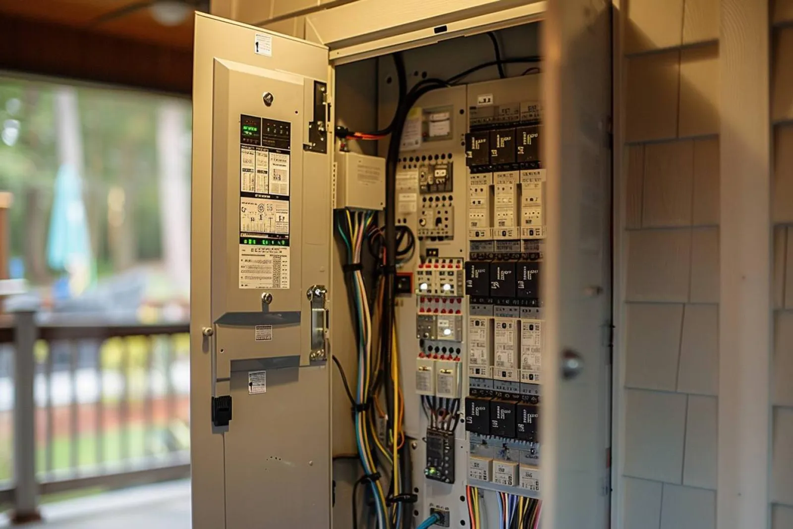 Un panneau électrique domestique inspecté à la lampe de poche lors d’une panne de courant.