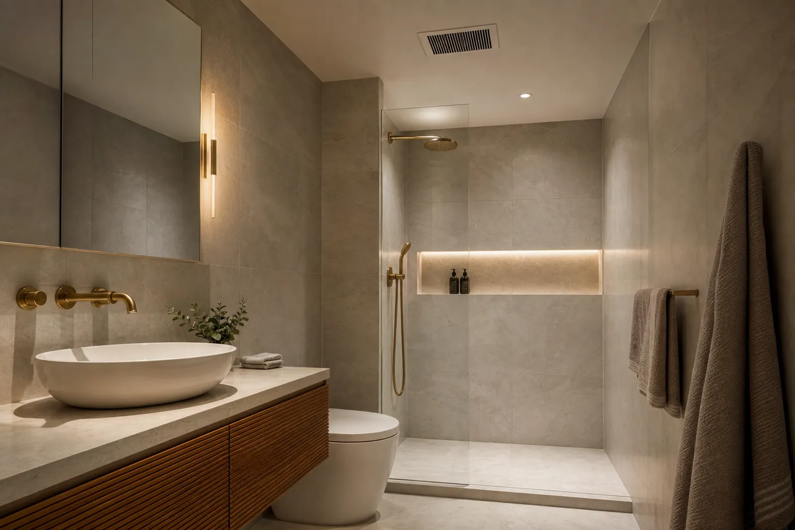 Salle de bain moderne sans fenêtre avec une grille de ventilation au plafond et un éclairage doux.