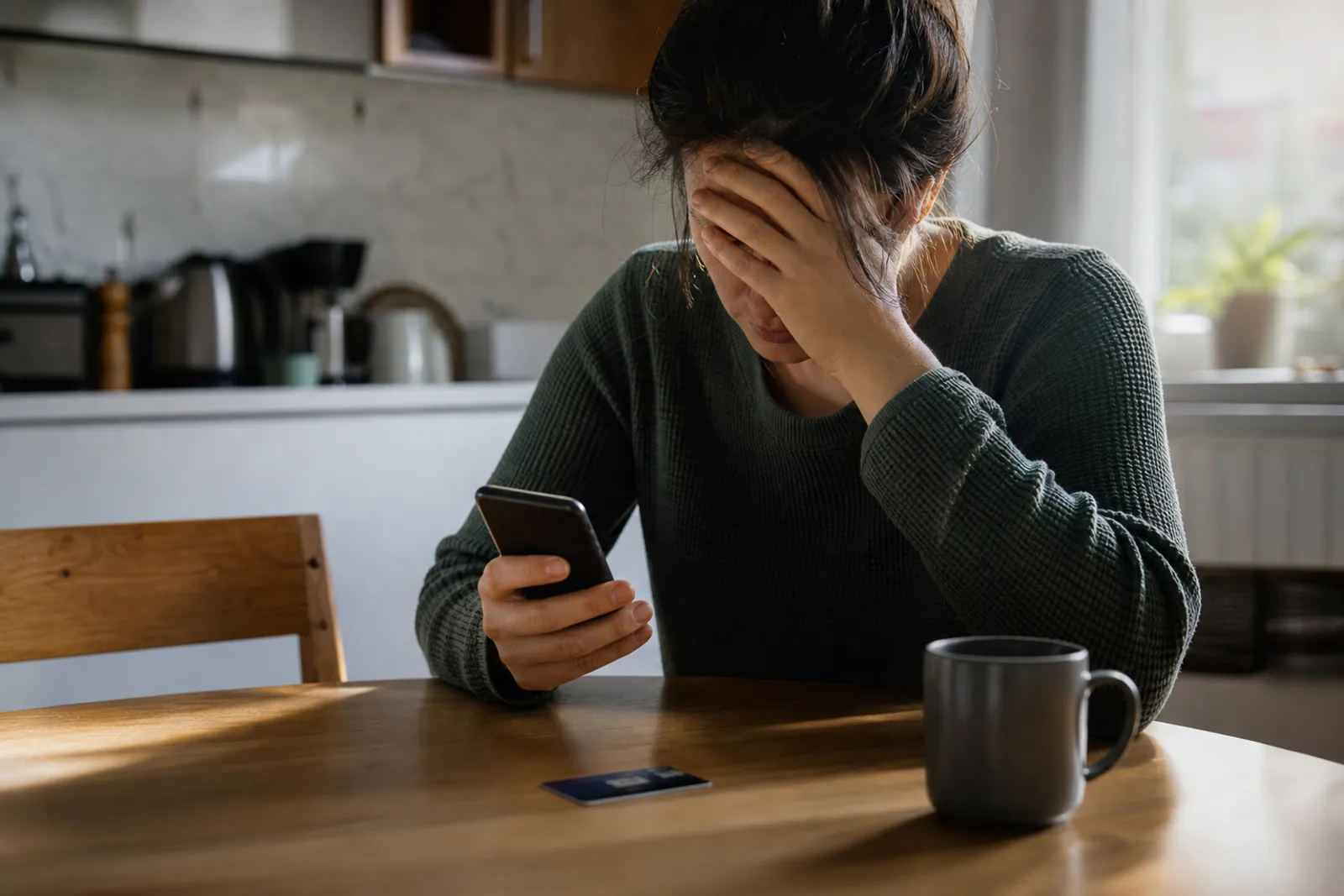 Une personne consultant son application bancaire sur smartphone avec une expression inquiète, carte bancaire posée à côté.
