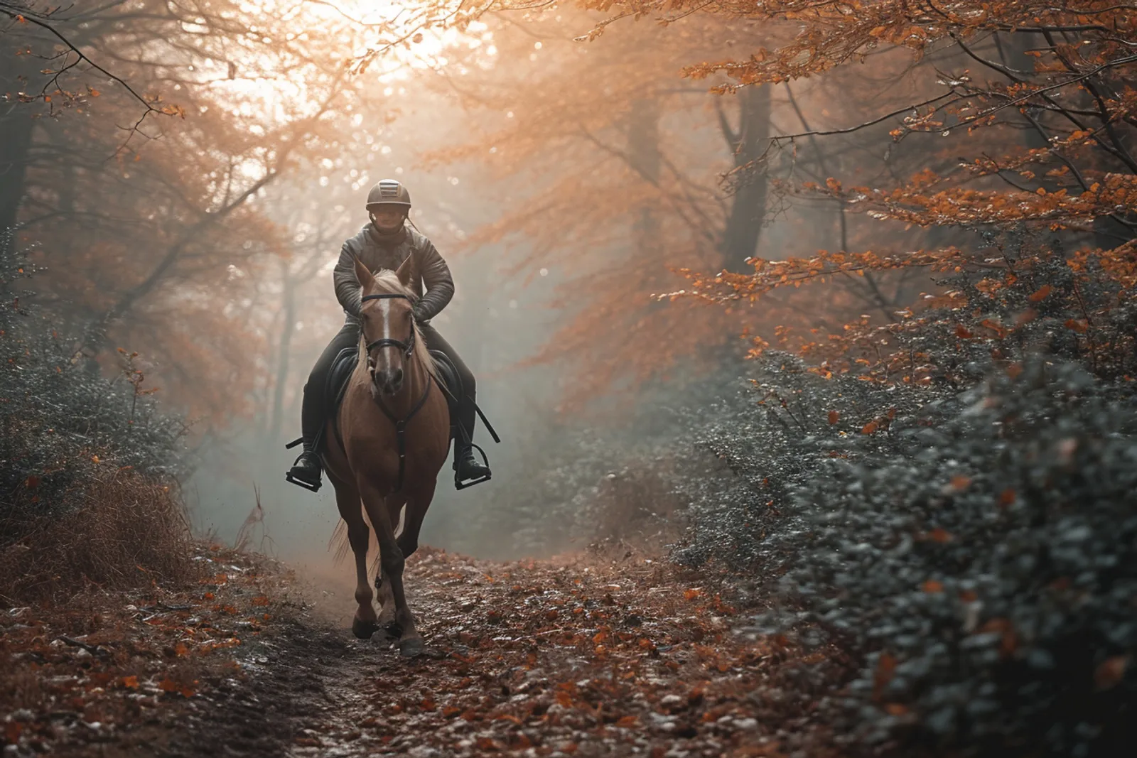 Un cavalier vérifie son équipement avant une randonnée équestre sur un sentier forestier.