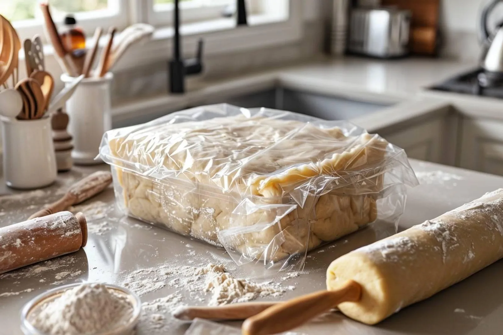 Une pâte sablée crue bien filmée sur un plan de travail de cuisine, prête à être conservée au frais.