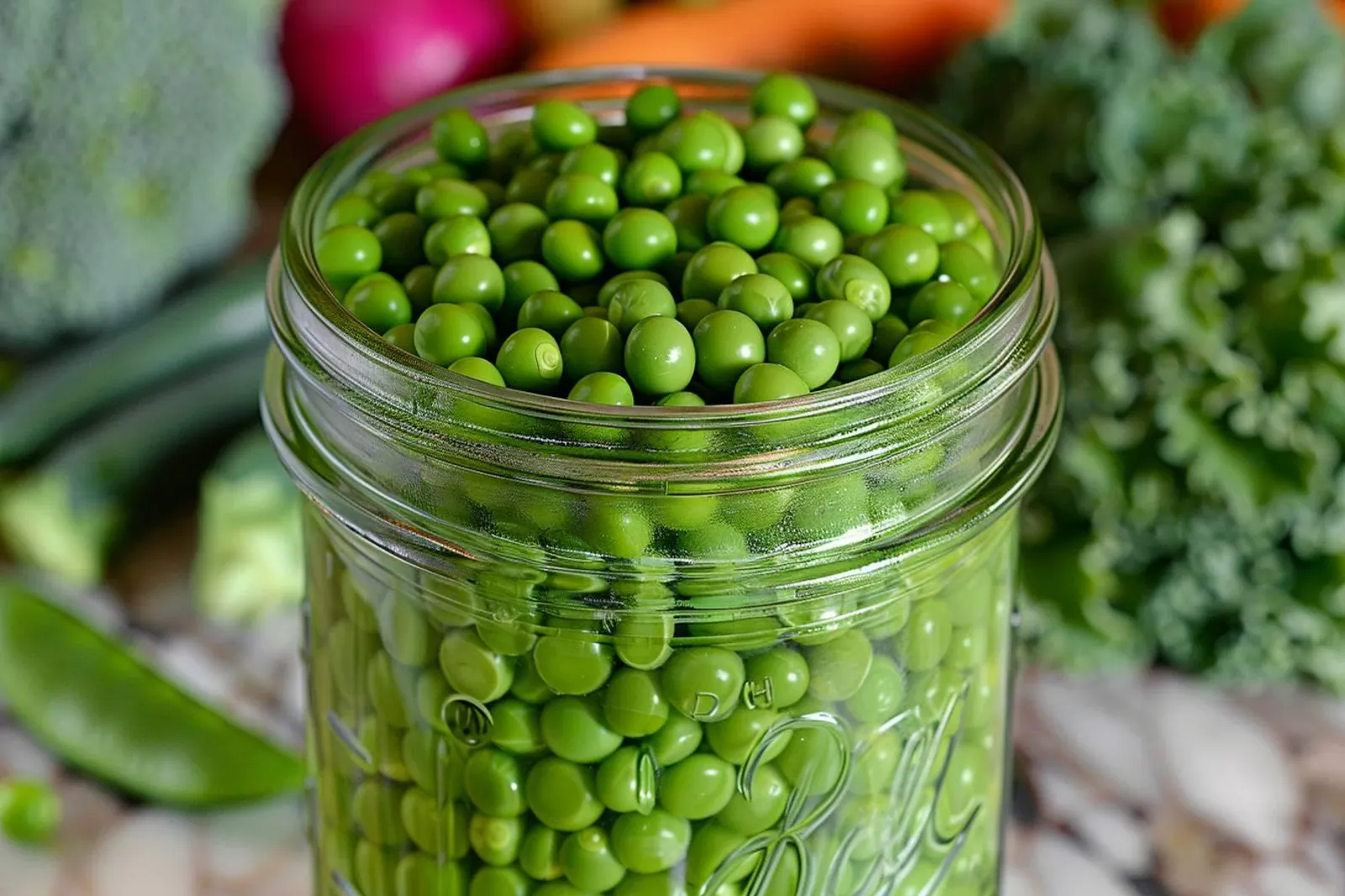 Des mains préparent des petits pois en bocaux dans une cuisine lumineuse, avec des légumes frais, une saumure chaude et des pots en verre.