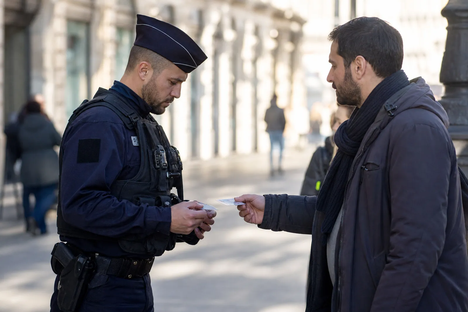 Un agent de police en uniforme examinant une pièce d'identité présentée par une personne dans une rue en journée.
