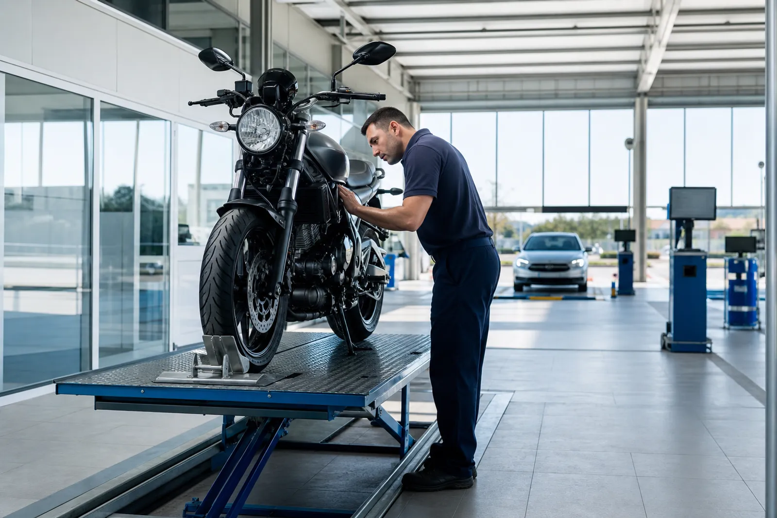 Un technicien examine une moto sur un pont élévateur dans un centre de contrôle technique, ambiance professionnelle et lumineuse.