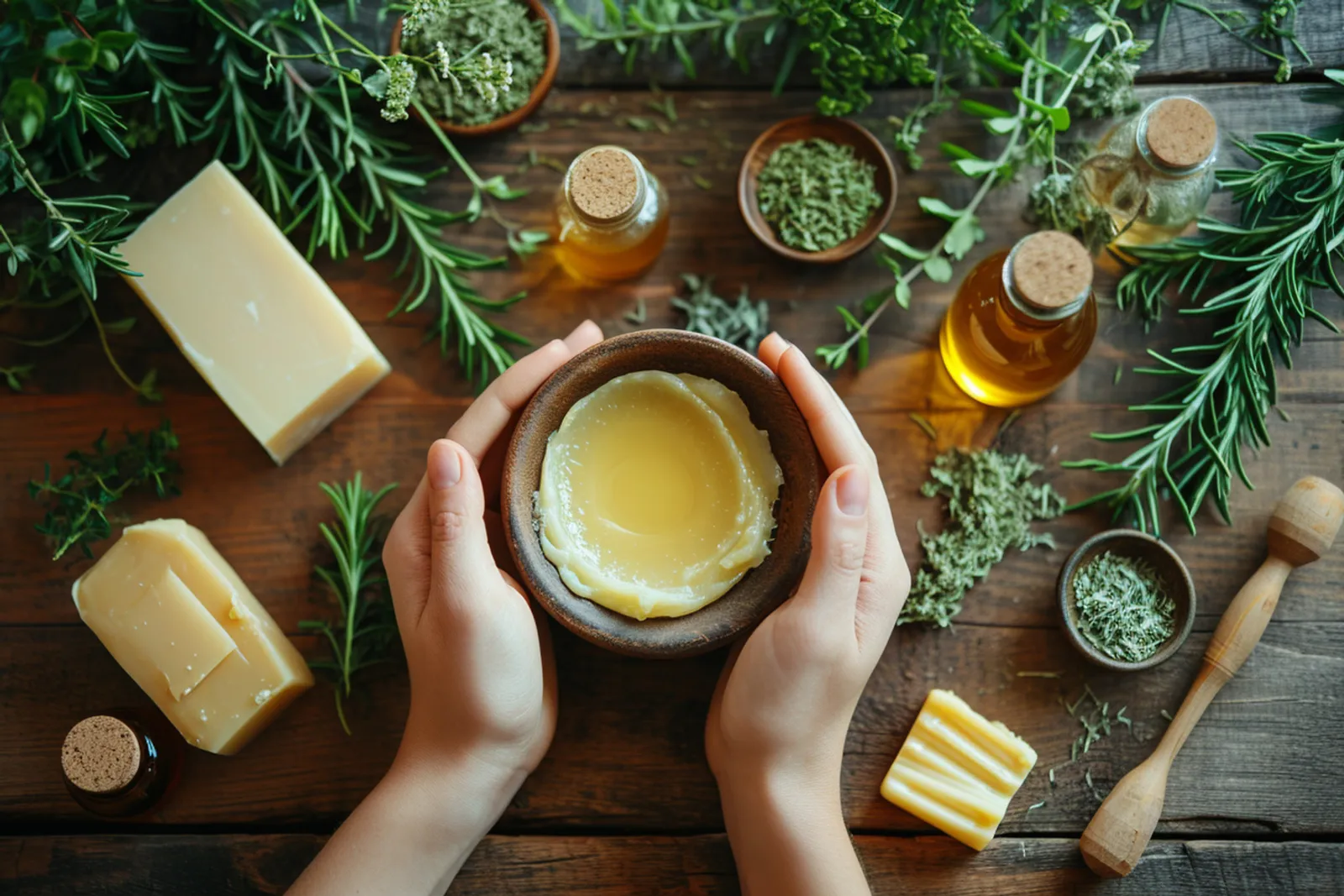 Un baume après-rasage naturel artisanal préparé sur un plan de travail avec un pot en verre, des ingrédients végétaux et une lumière naturelle douce.