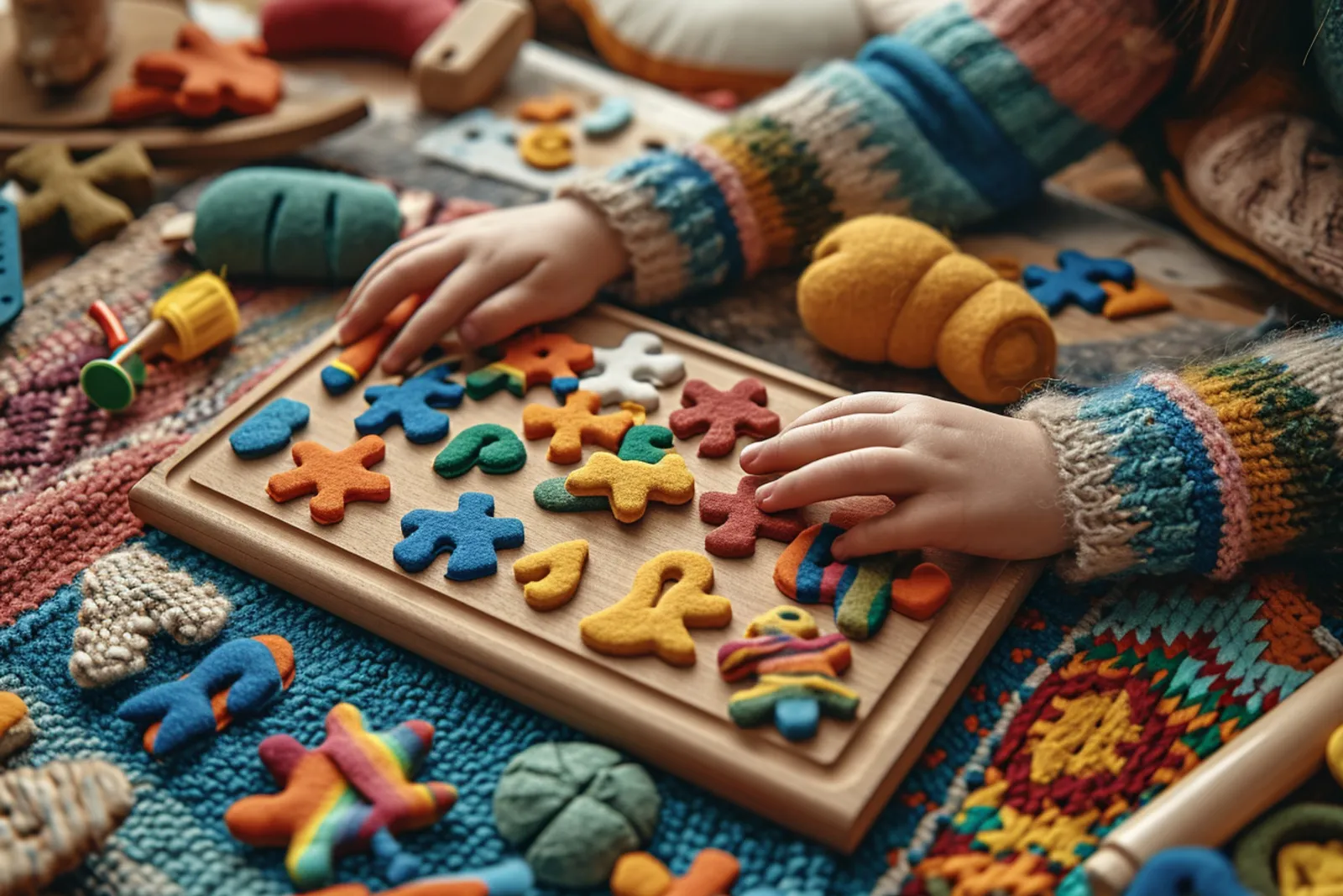 Un parent et un enfant fabriquent ensemble un jouet éducatif maison avec du carton, du bois et du matériel de bricolage simple.