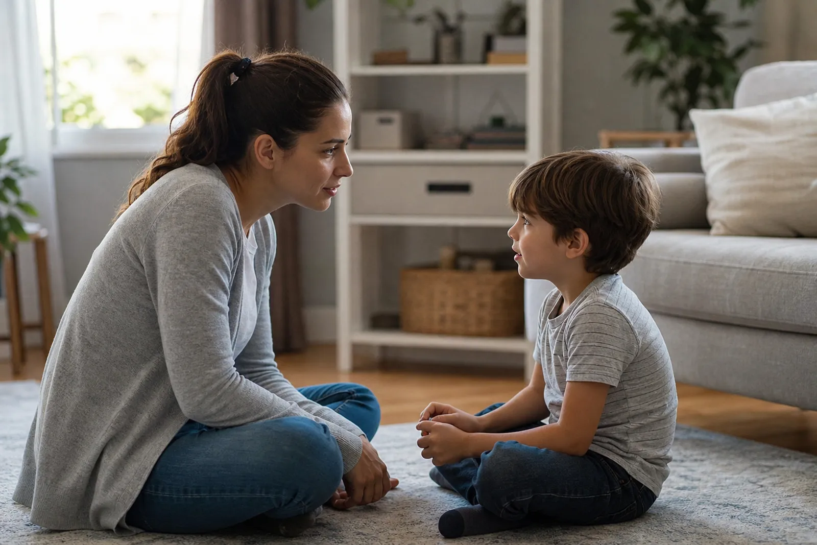 Un parent s'accroupit calmement face à un jeune enfant en pleurs dans un salon lumineux.