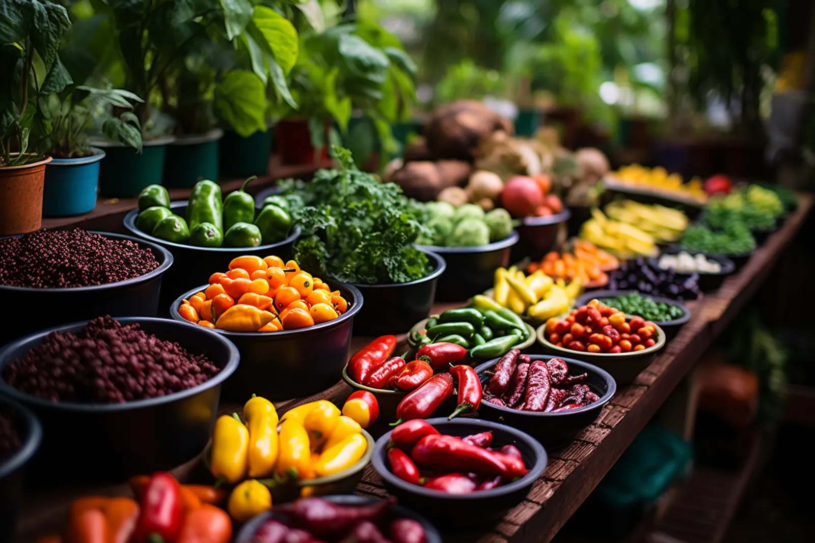 Un jardin potager où poussent des légumes exotiques, avec un jardinier observant les plants en pleine lumière naturelle.