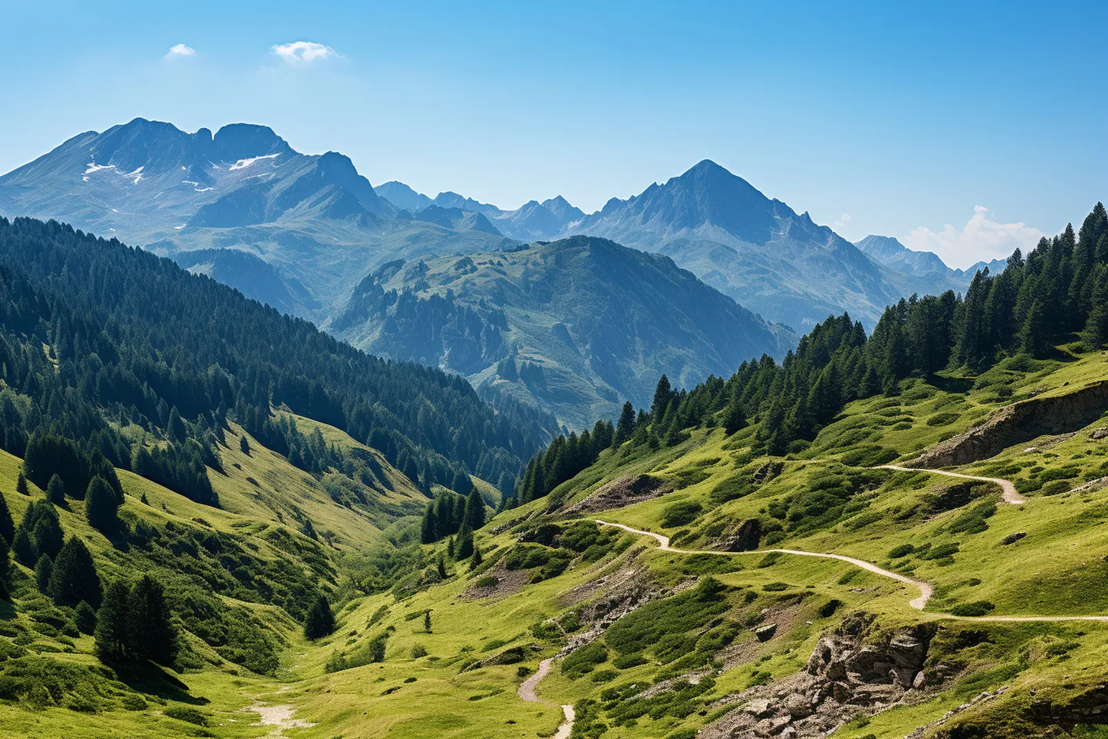 Des randonneurs avancent sur un sentier côtier dominant une crique turquoise dans un parc national français.