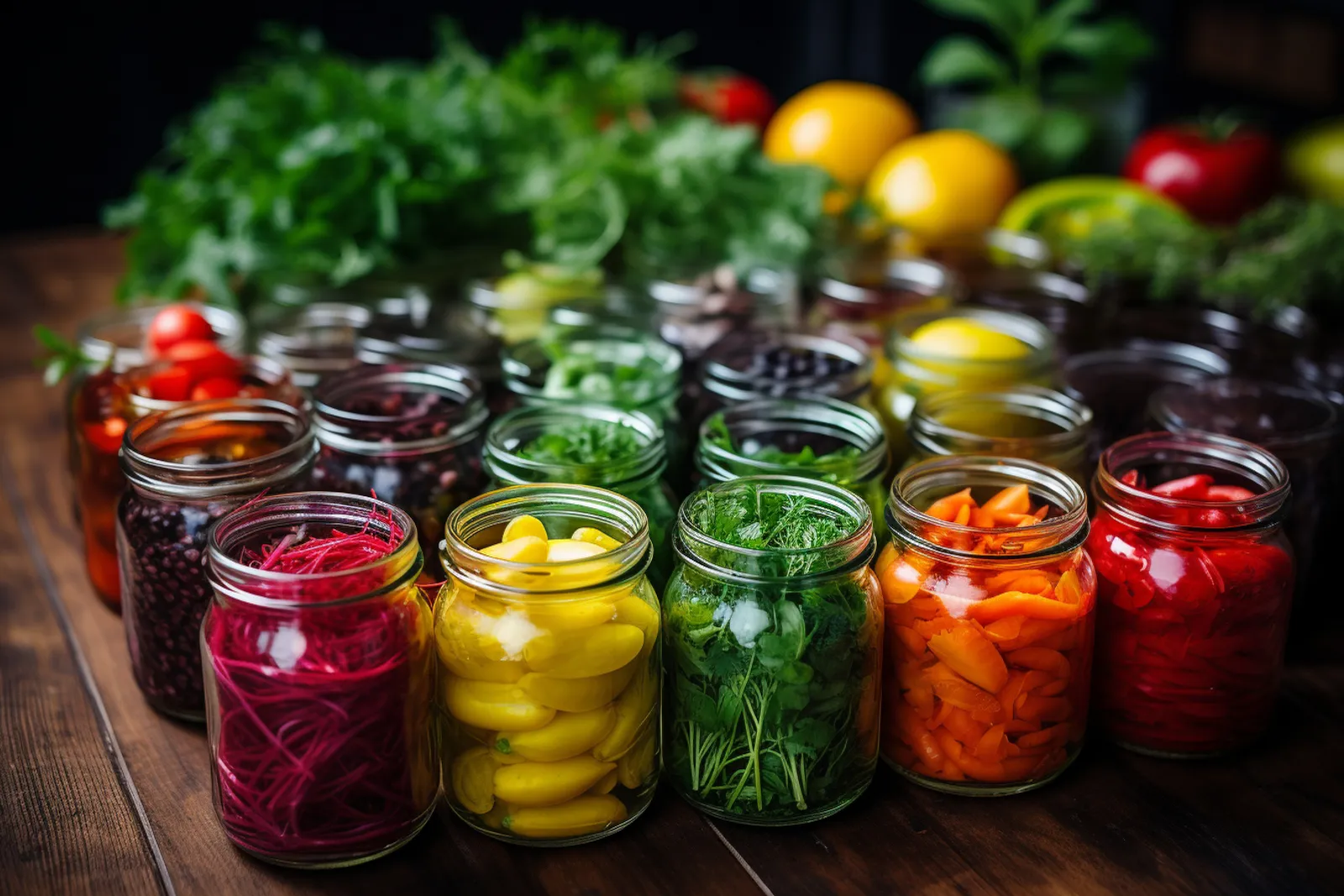 Un bocal de légumes lactofermentés posé sur une table de cuisine, avec des carottes et du chou visibles dans la saumure.
