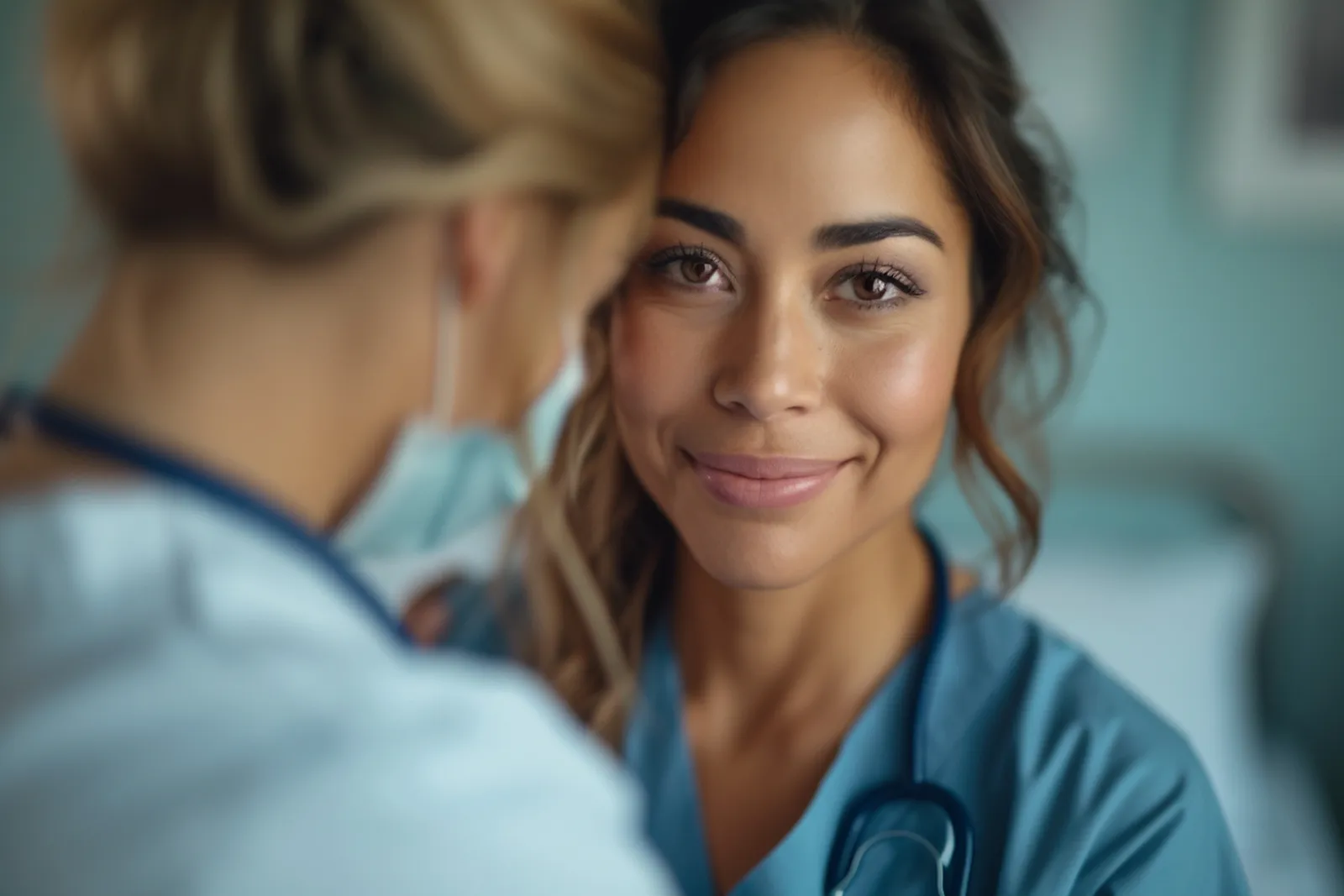 Une infirmière dans un couloir d’hôpital lumineux, en tenue professionnelle, illustrant le quotidien du soin.