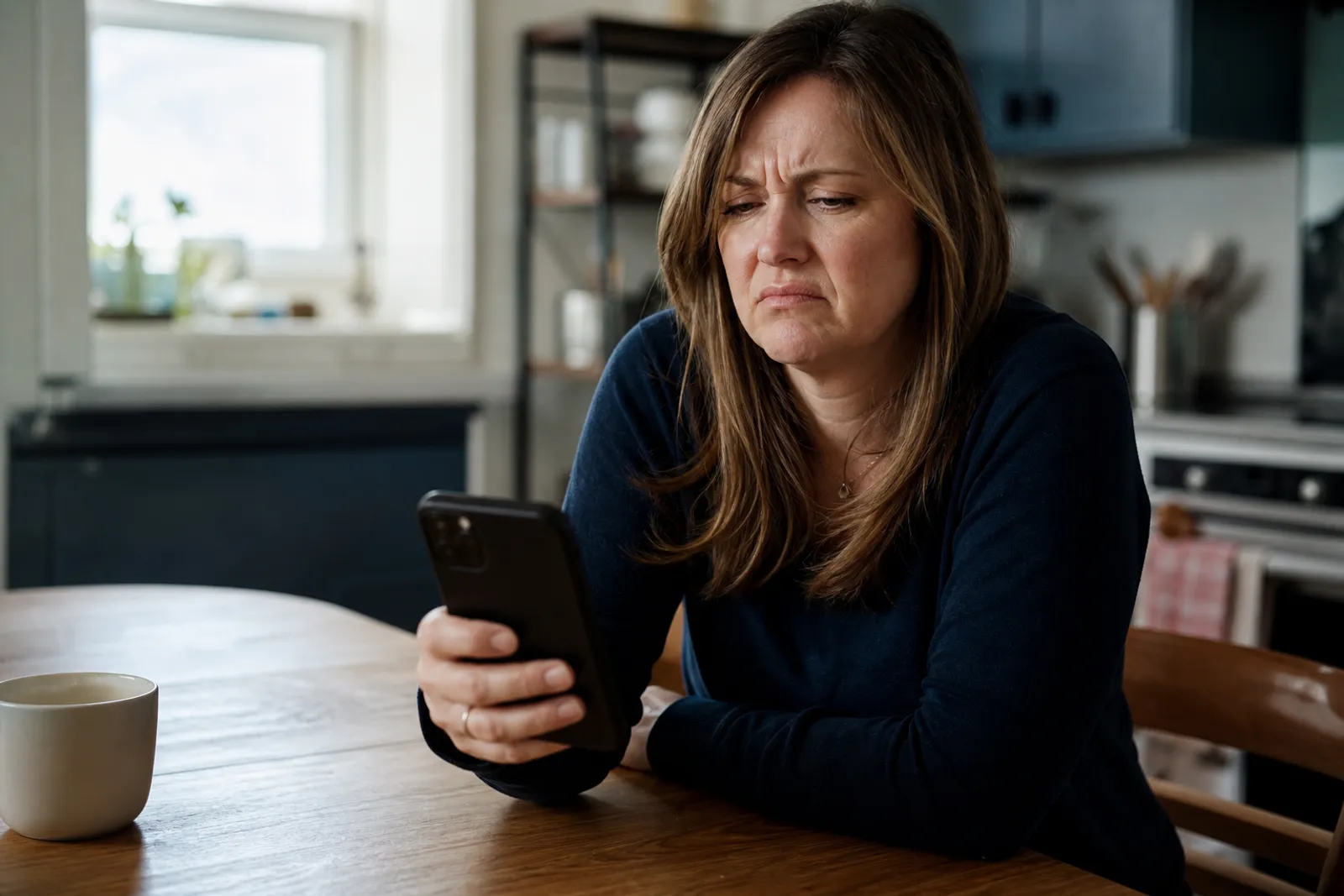 Une personne regarde avec agacement son téléphone qui affiche un appel entrant d'un numéro inconnu, assise à sa table de cuisine.