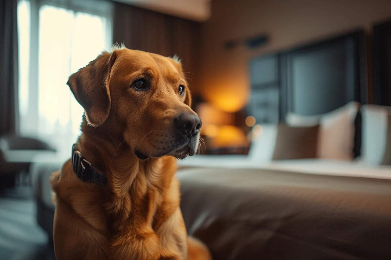 Un maître-chien guide un chien renifleur dans une chambre pour détecter des punaises de lit au pied du lit et le long des plinthes.