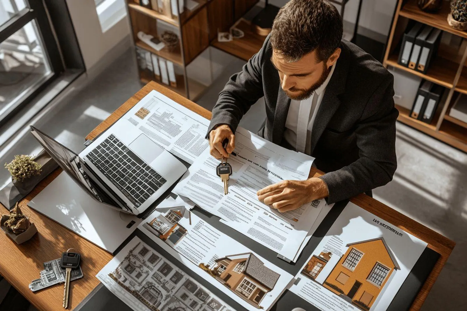 Une personne rassemble des documents d’assurance habitation sur une table, avec un ordinateur portable et des justificatifs triés devant elle.