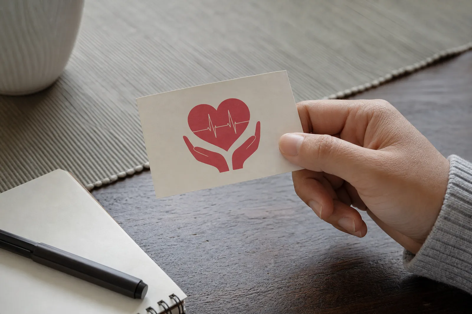 Une main tenant une carte de donneur d'organes à côté d'un carnet et d'un stylo, dans une ambiance calme et sobre.