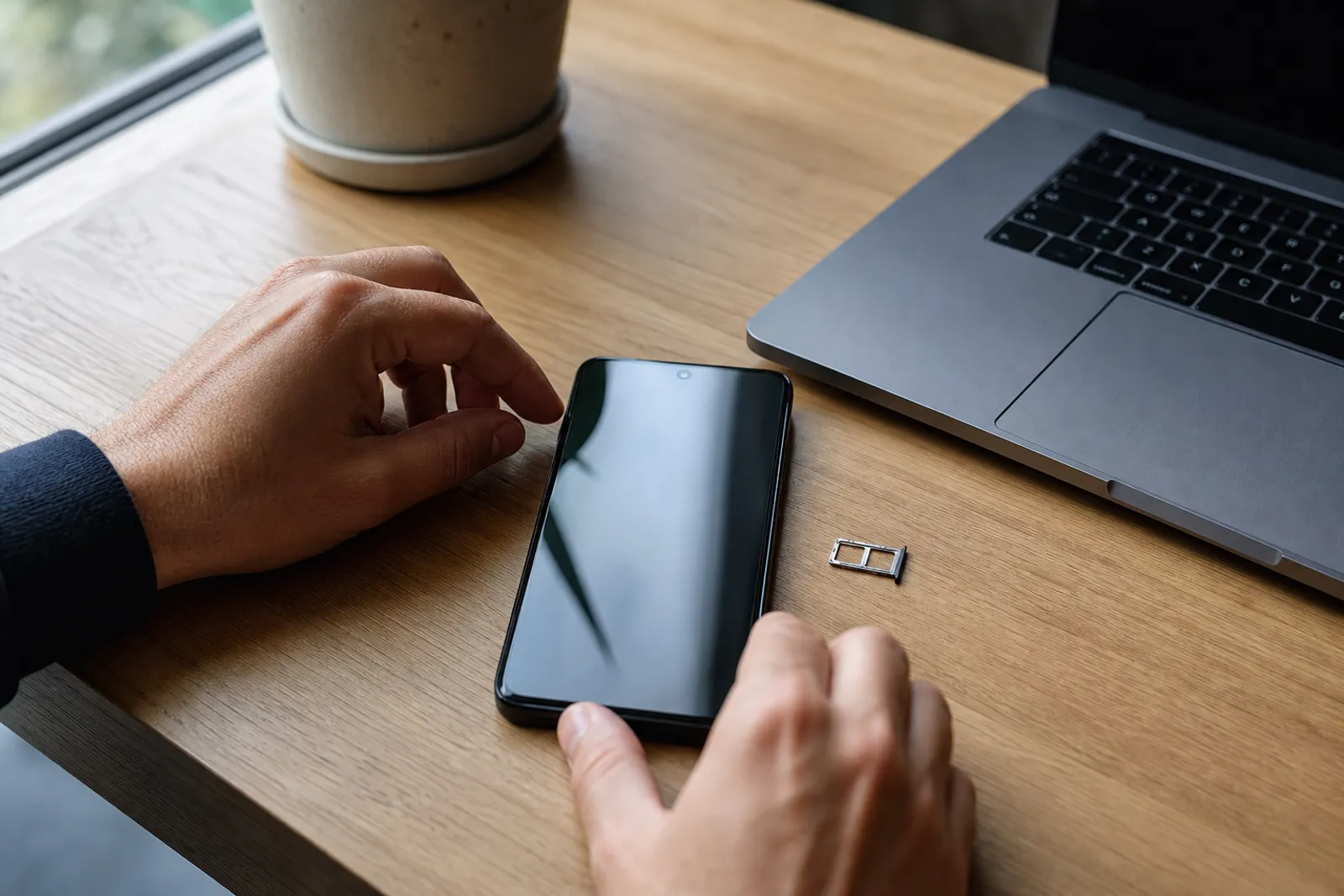 Un smartphone posé sur un bureau clair affiche un écran de réinitialisation, à côté d'un ordinateur portable et d'une carte SIM.
