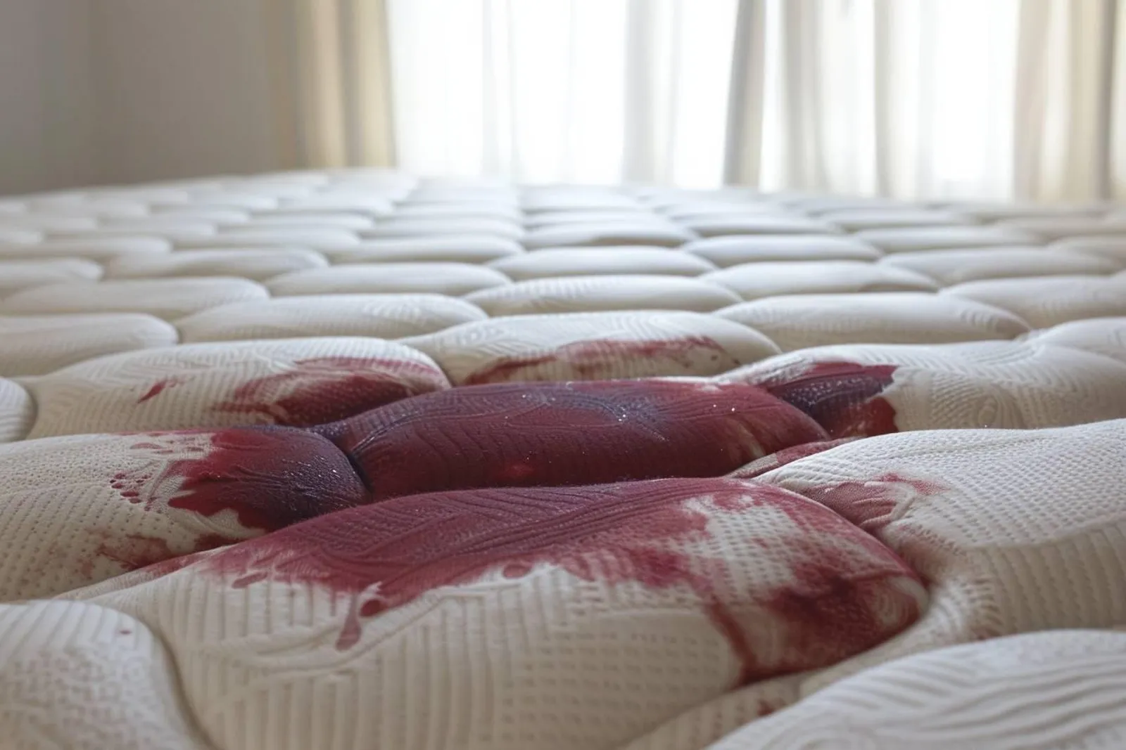 Une personne tamponne délicatement une tache de sang sur un matelas blanc avec un chiffon, un citron frais posé à proximité.