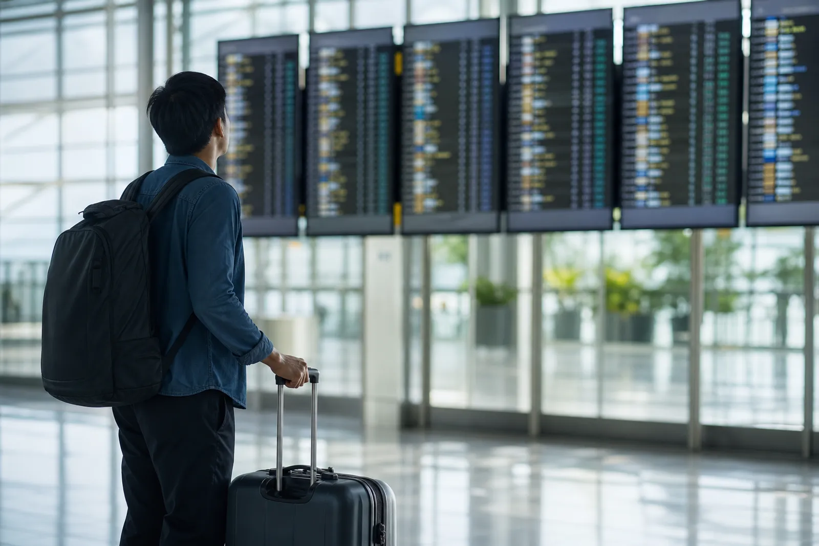 Un voyageur avec un bagage cabine consulte les écrans d'affichage des vols dans un terminal d'aéroport lumineux.