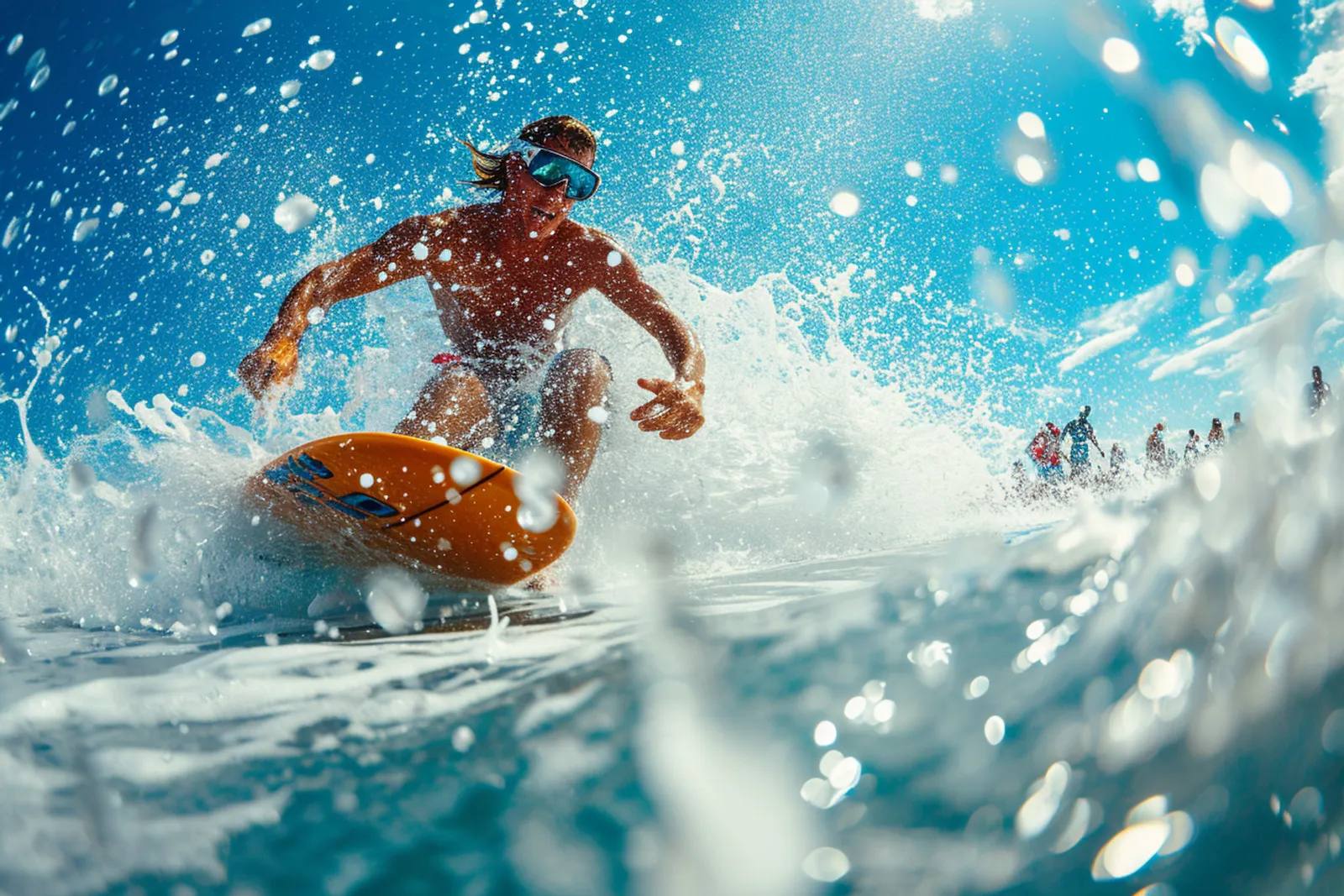 Un rider de skimboarding s’élance sur une plage avant d’attaquer une vague lors d’une compétition internationale.