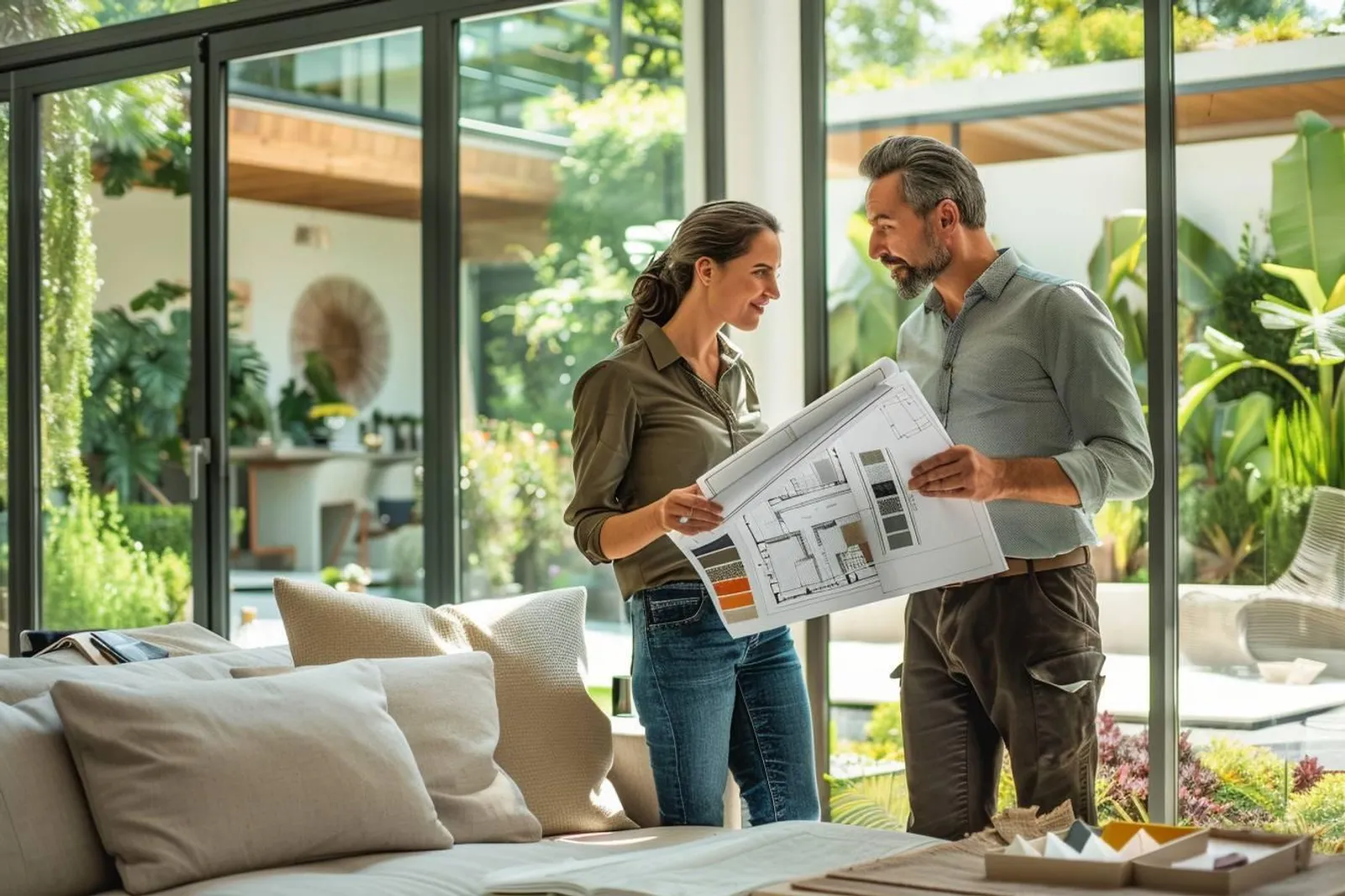 Un architecte d’intérieur et une décoratrice examinent ensemble des plans et des échantillons de matières dans un appartement lumineux.