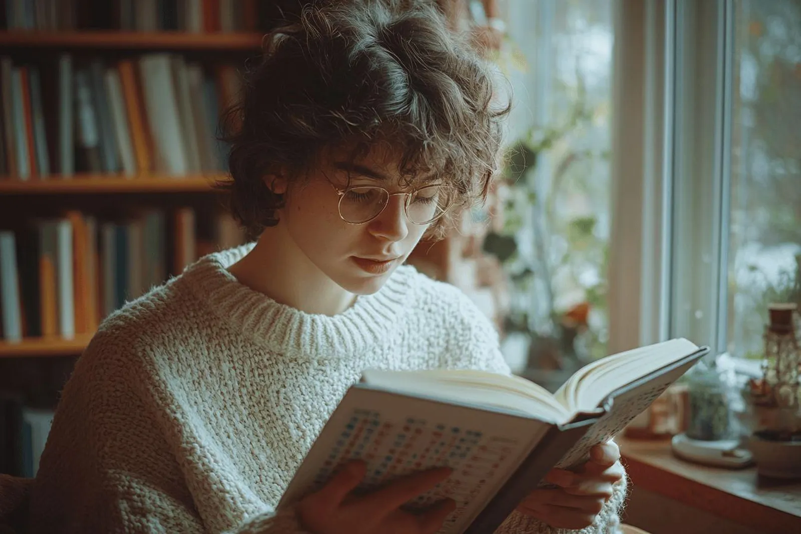 Un enfant dyslexique lit avec l’aide d’un adulte autour de supports adaptés, dans un cadre calme et lumineux.