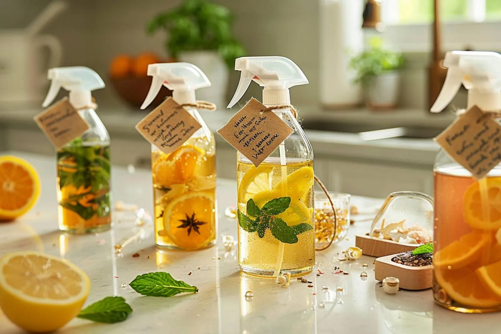 Une personne prépare des produits ménagers maison dans une cuisine lumineuse, avec des ingrédients simples et des contenants réutilisables.