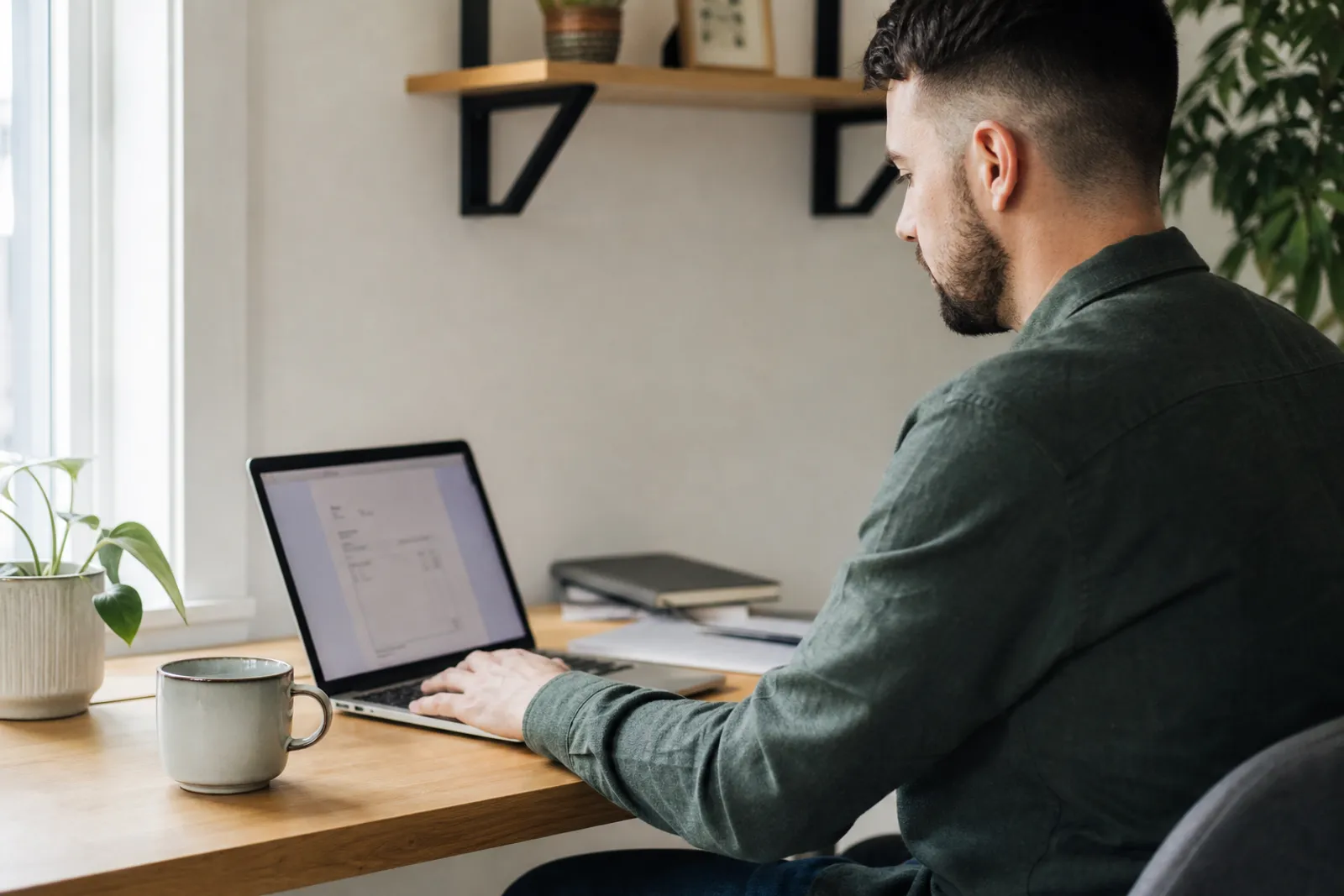 Un indépendant rédige une facture sur un ordinateur portable, dans un espace de travail à domicile sobre et lumineux.