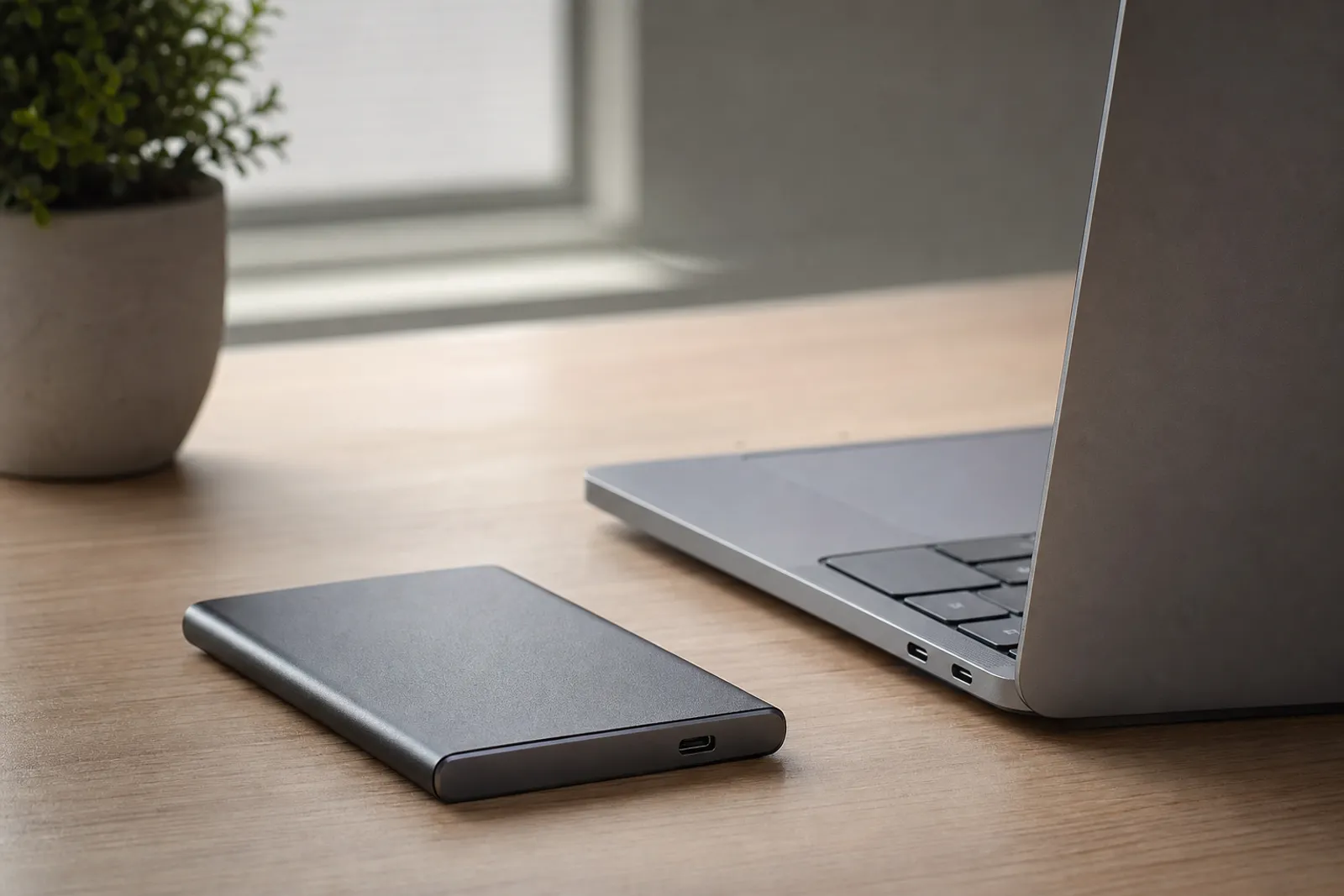 Un SSD posé à côté d'un ordinateur portable ouvert, dans un espace de travail lumineux et sobre.