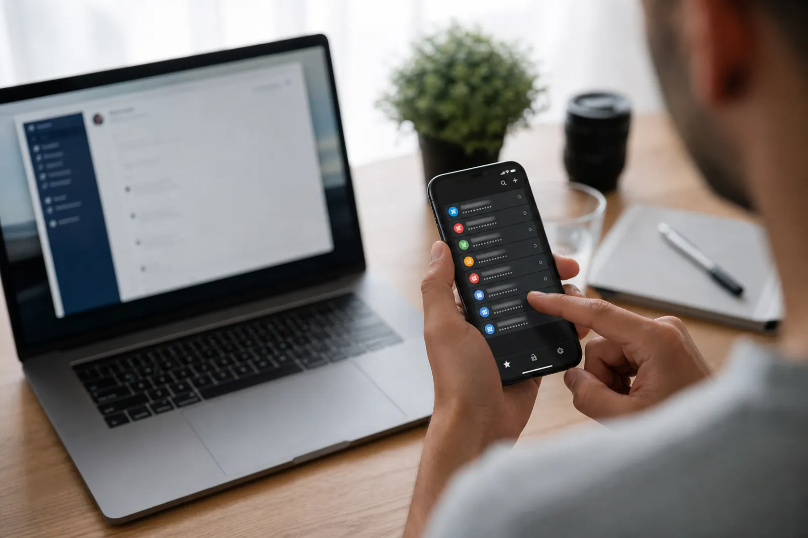 Une personne consulte une application de gestion de mots de passe sur son smartphone à côté d'un ordinateur portable.