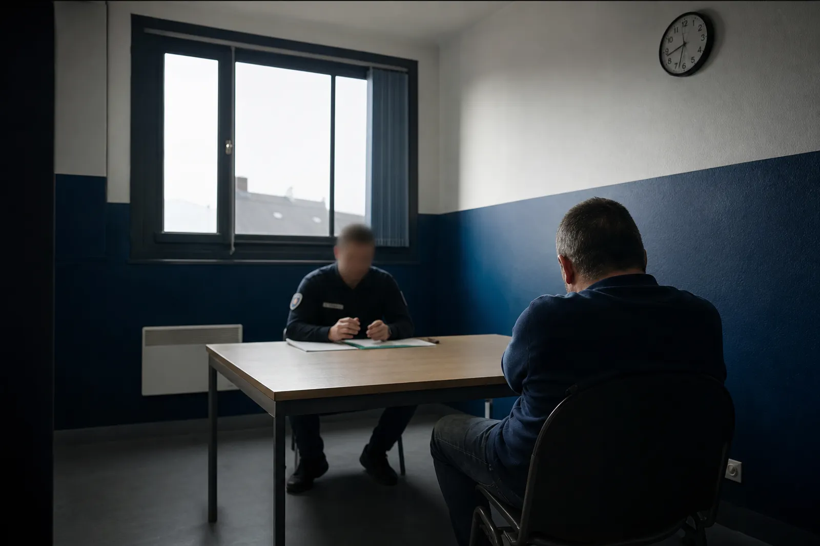 Une salle d'interrogatoire de commissariat sobre, avec une table, deux chaises et une horloge murale visible.
