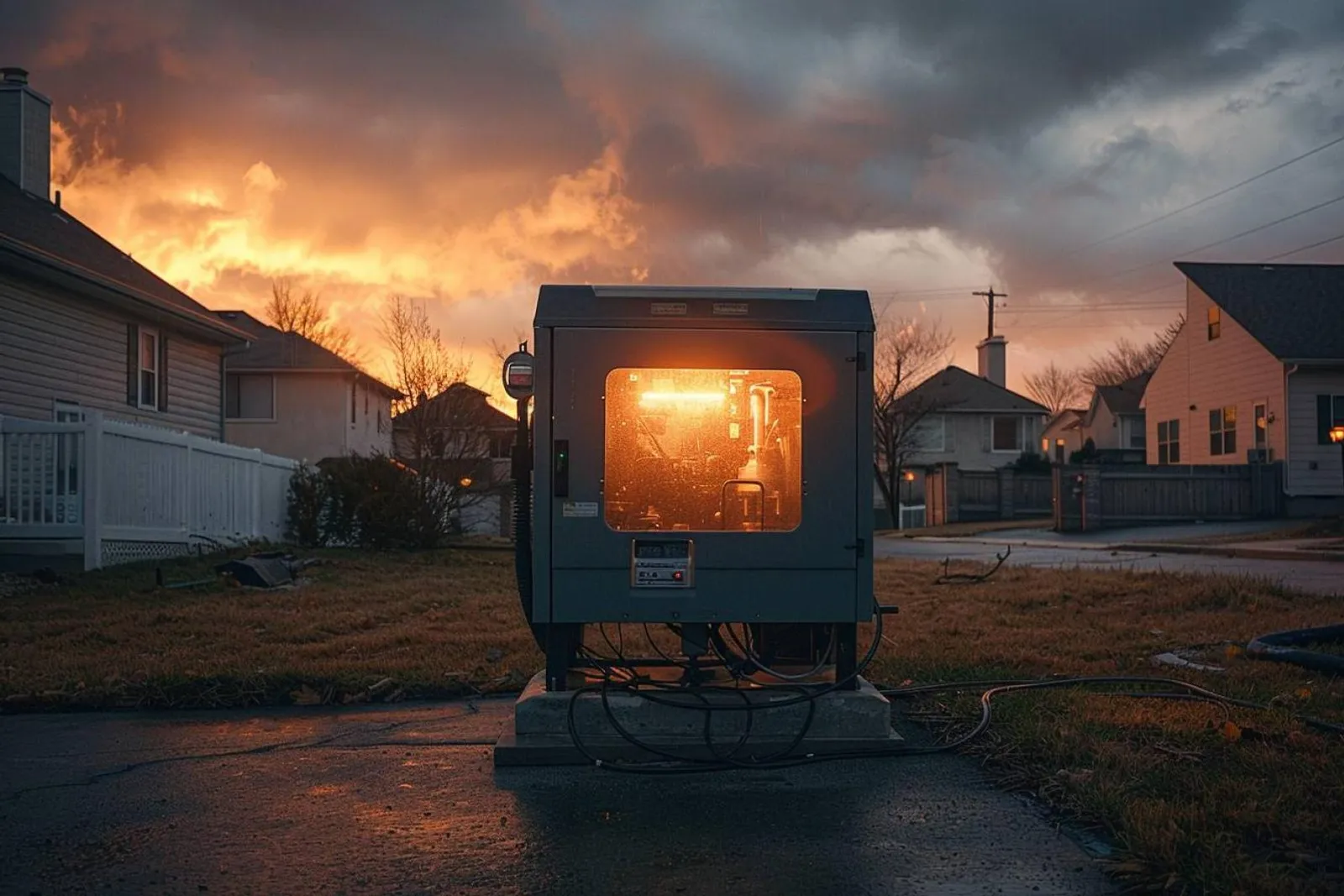 Une maison de banlieue équipée d’une génératrice résidentielle automatique, visible à l’extérieur au crépuscule.