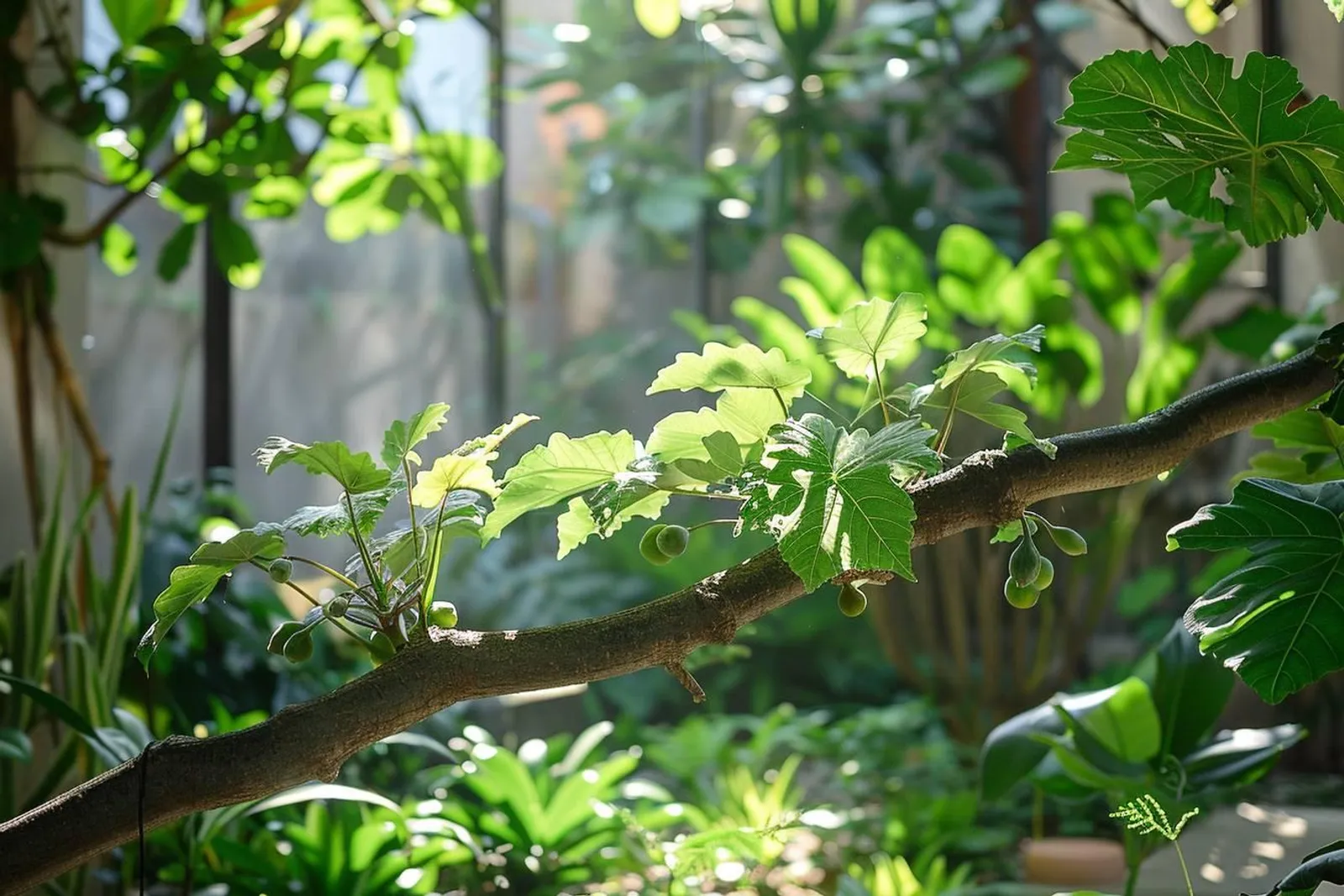 Un jardinier réalise une greffe de figuier par chip budding sur une branche, avec un couteau de greffe et une ligature en place.