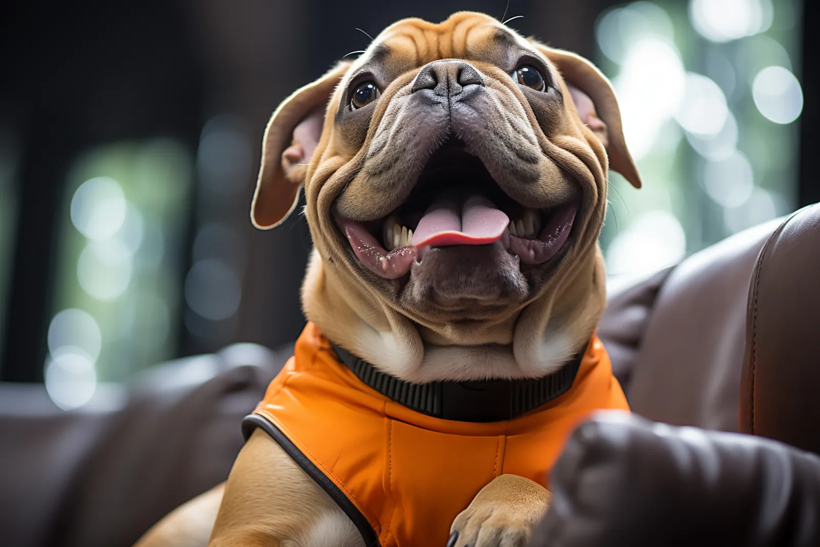 Un bouledogue avec son propriétaire dans une clinique vétérinaire, illustrant la question de l’assurance santé animale.